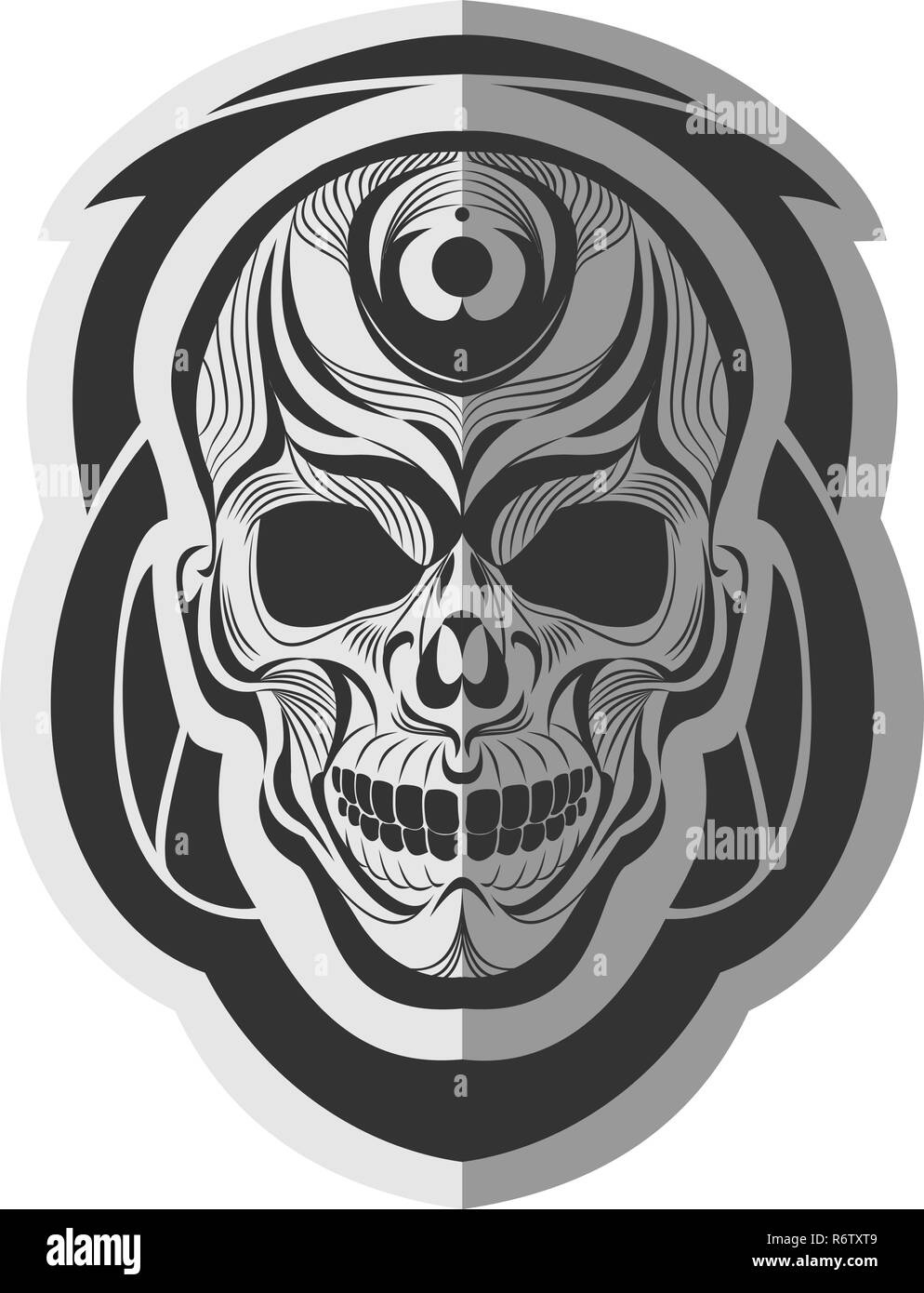 Crâne noir et blanc décoratif papier autocollant pour art, tatouage ou impression sur t-shirt Illustration de Vecteur