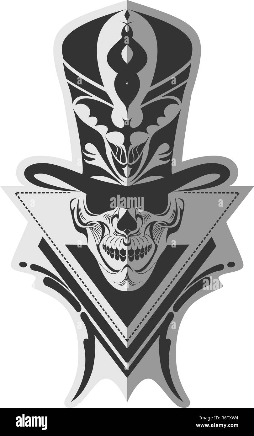 Noir et blanc décoratif crâne rockabilly dans top hat art bizarre mémorable pour tatouage autocollant, ou t-shirt Illustration de Vecteur