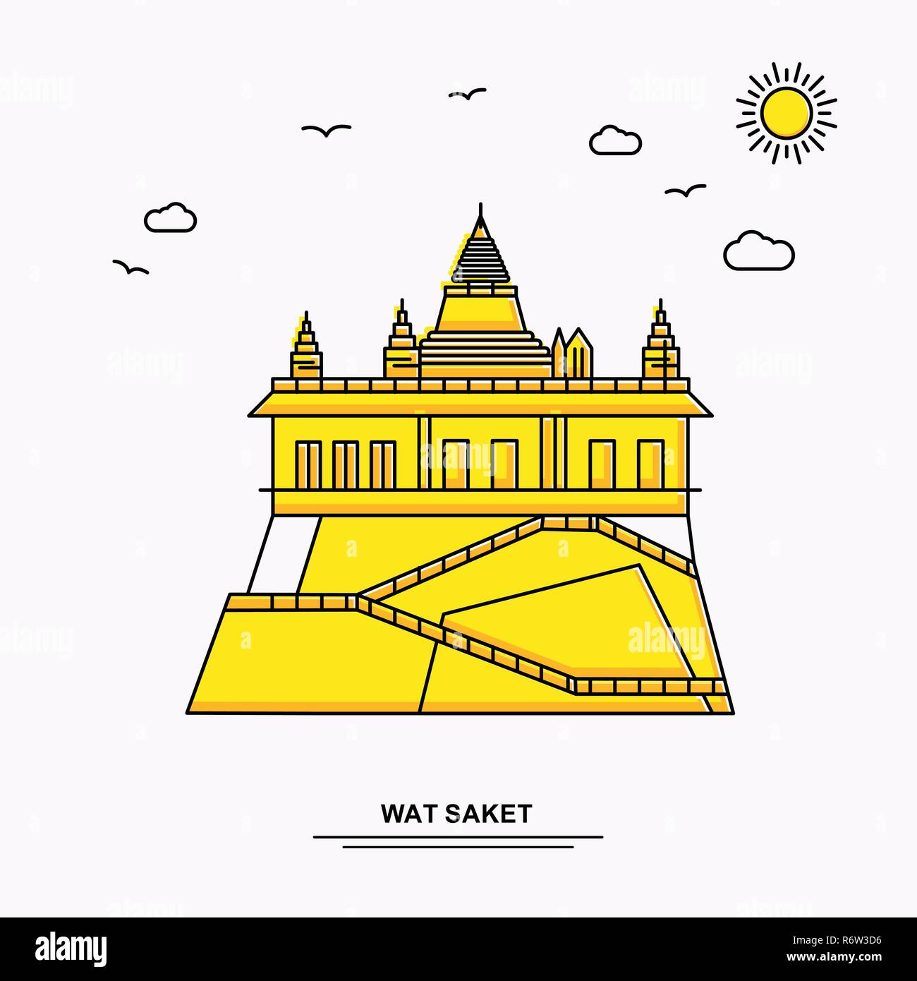 Monument Wat Saket Modèle d'affiche. Illustration jaune Voyage du Monde historique en style de ligne avec beauture parlons nature Illustration de Vecteur