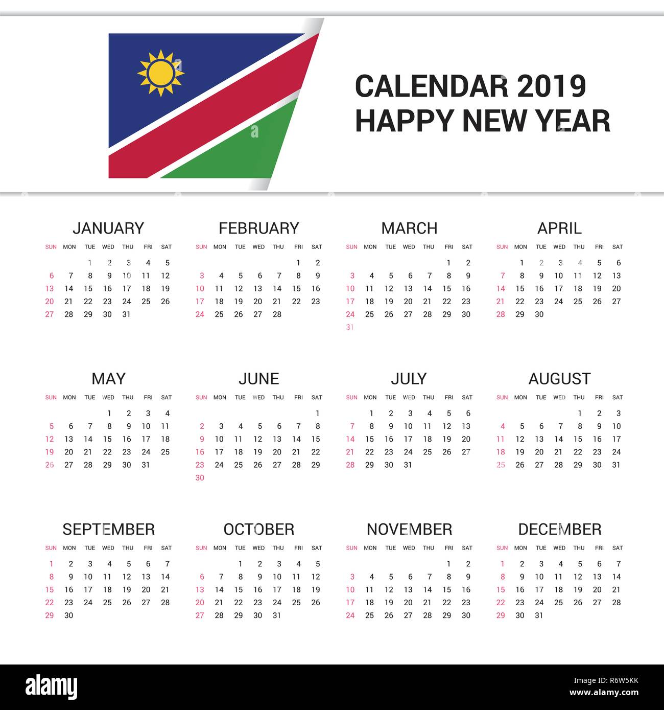 Drapeau Namibie 2019 Calendrier arrière-plan. Langue Anglais Illustration de Vecteur