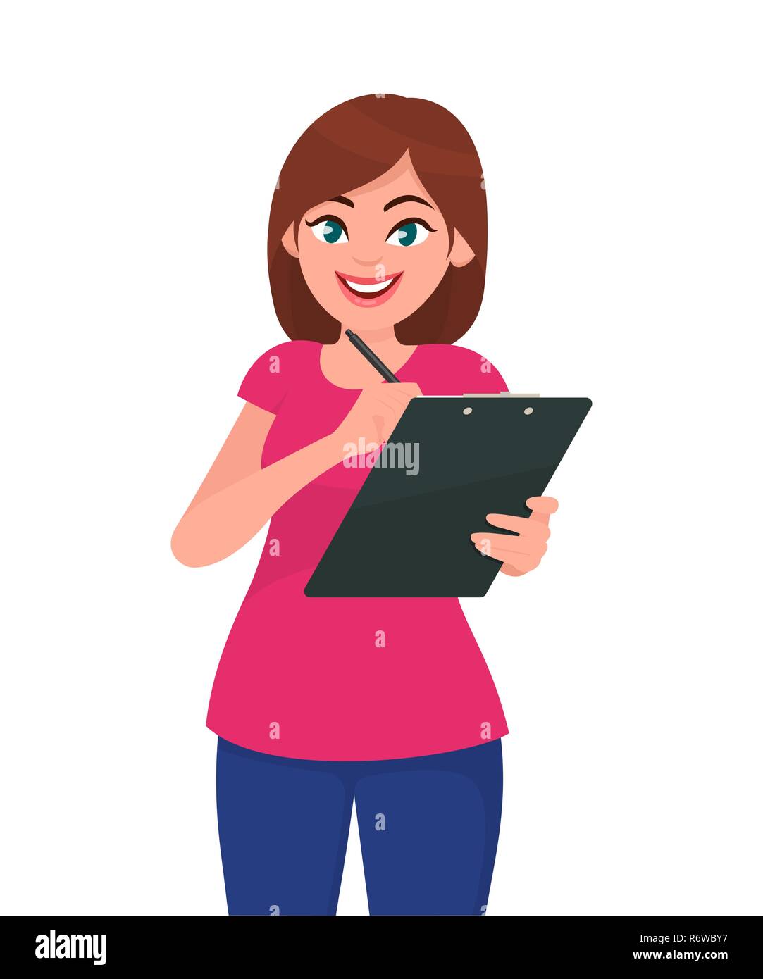 Young woman holding clipboard et l'écriture. L'émotion humaine et le langage du corps concept illustration dans le vector cartoon style plat. Illustration de Vecteur