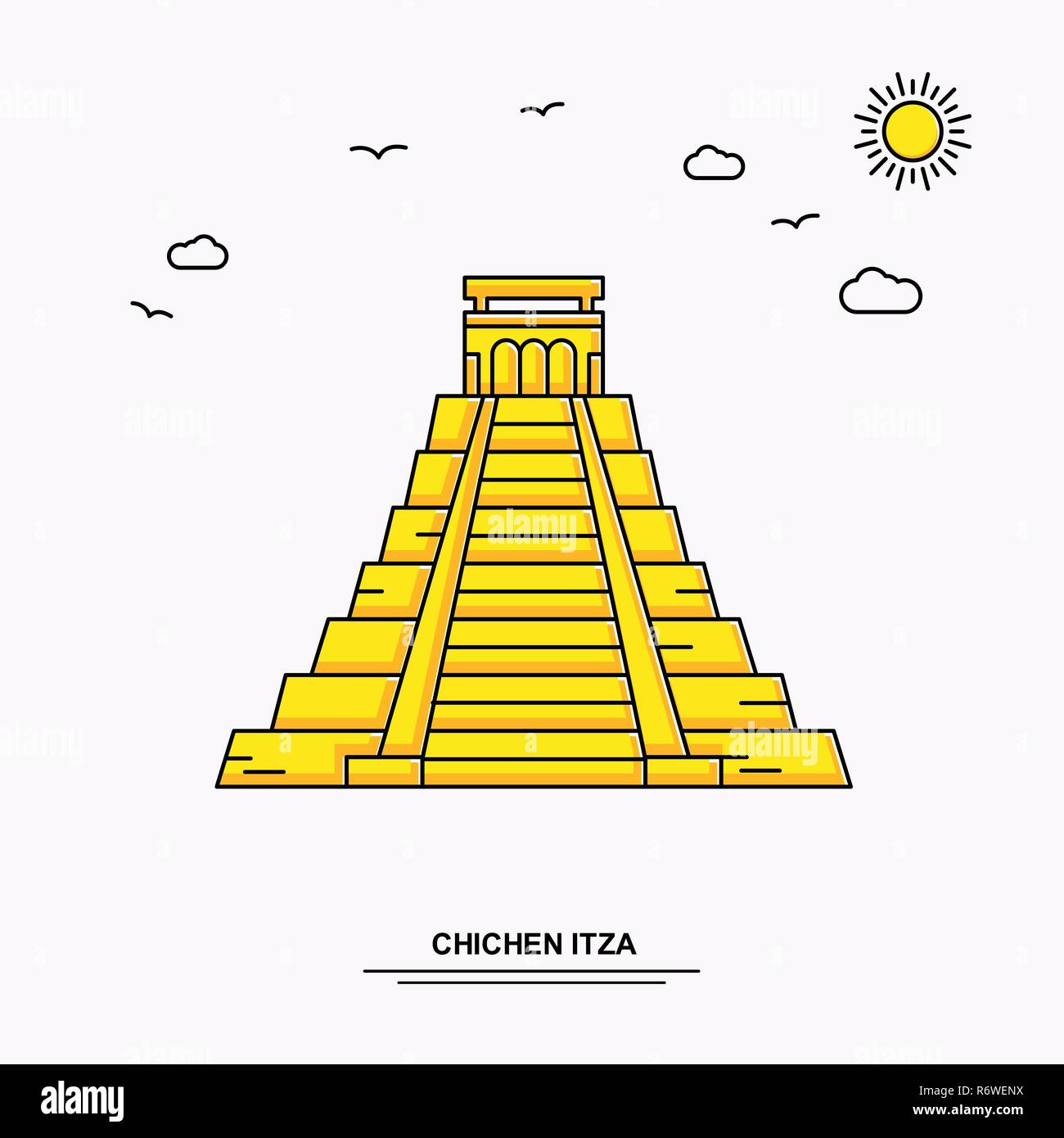 CHICHEN ITZA Monument Modèle d'affiche. Illustration jaune Voyage du Monde historique en style de ligne avec beauture parlons nature Illustration de Vecteur