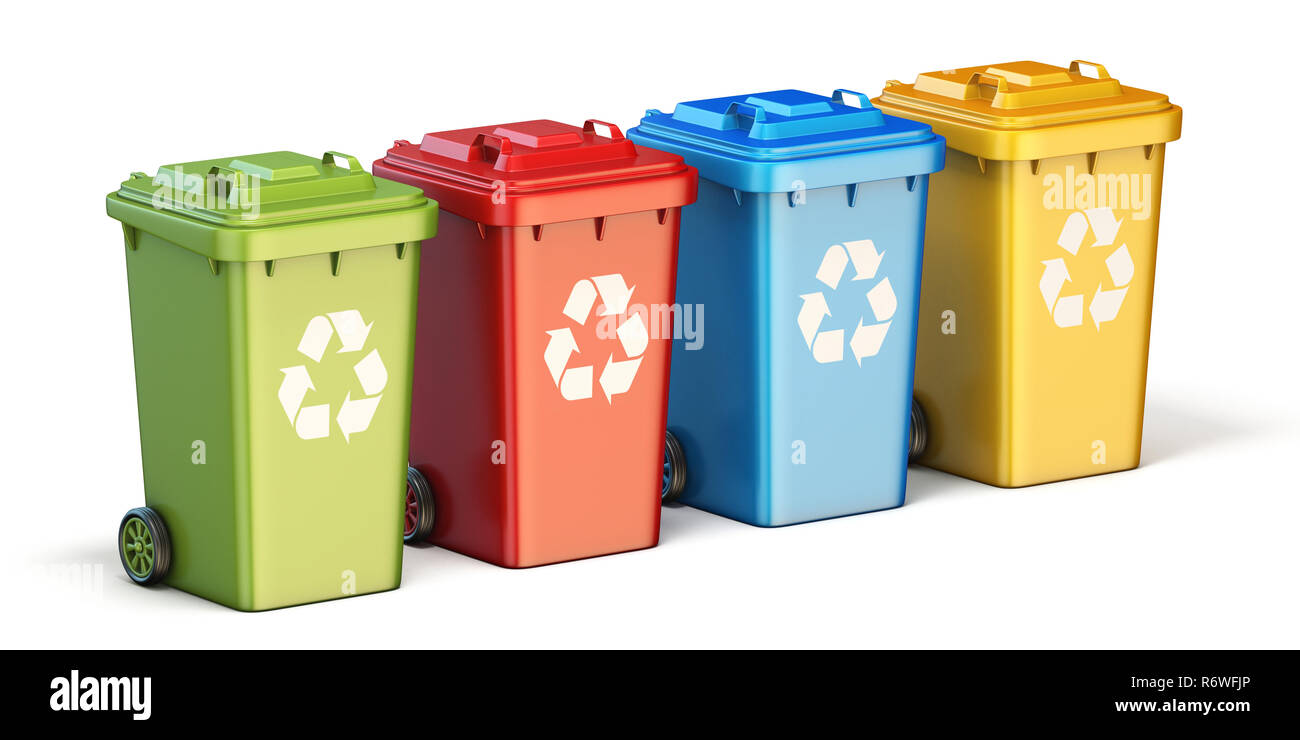 Conteneurs pour le tri des déchets de recyclage plastique, verre, métal, papier Vue de côté. 3D Banque D'Images