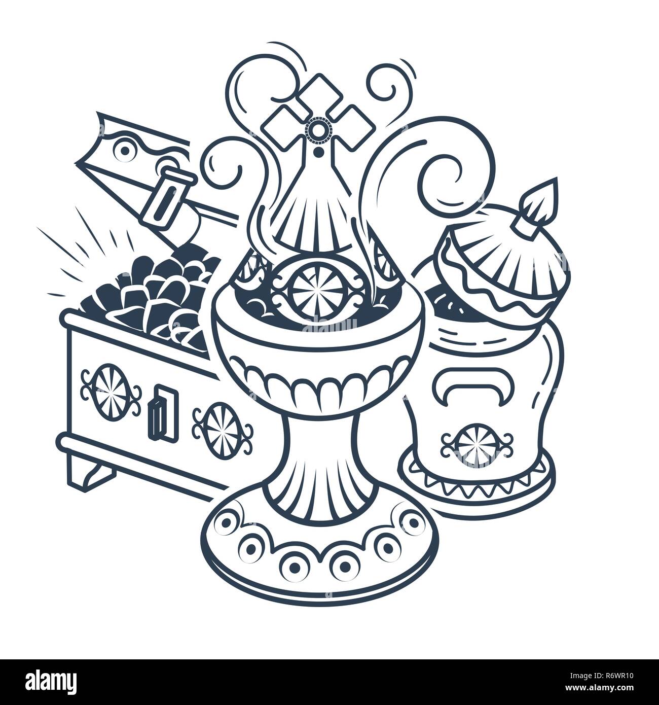 Illustrations en noir et blanc avec des Mages offerts pour célébrer l'Épiphanie : encens, myrrhe et l'or. Icône, silhouette dans un style linéaire. Illustration de Vecteur