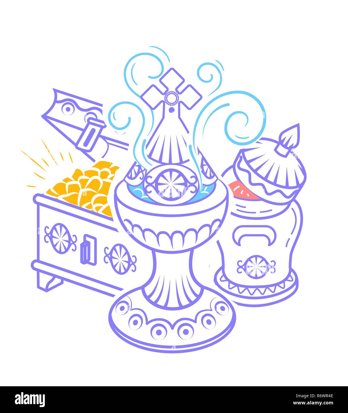 Dans l'icône style dessiné à la main avec des Mages offerts pour célébrer l'Épiphanie : encens, myrrhe et l'or. Icône dans un style linéaire Illustration de Vecteur