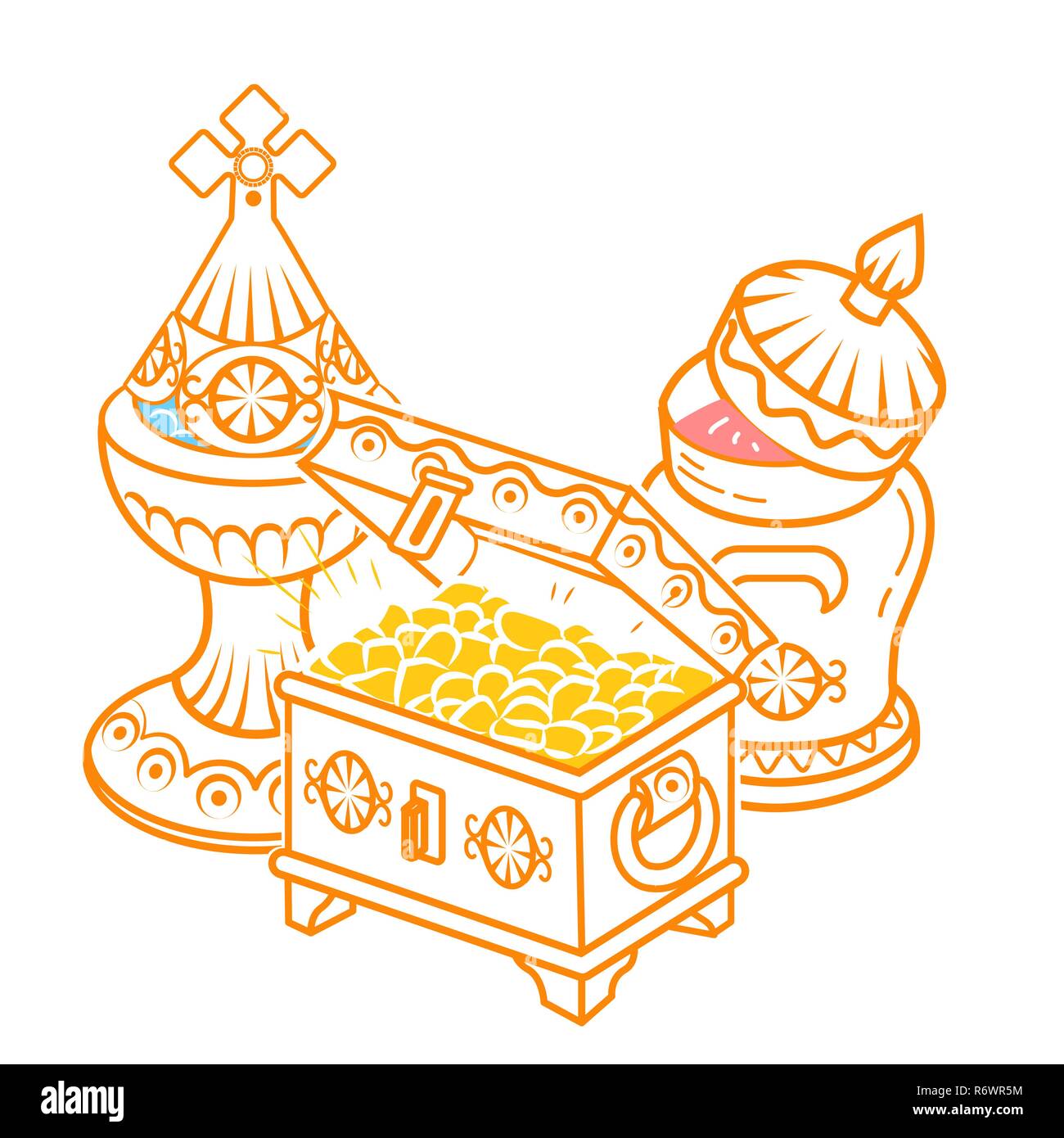 Dans l'icône style dessiné à la main avec des Mages offerts pour célébrer l'Épiphanie : encens, myrrhe et l'or. Icône, silhouette dans un style linéaire Illustration de Vecteur