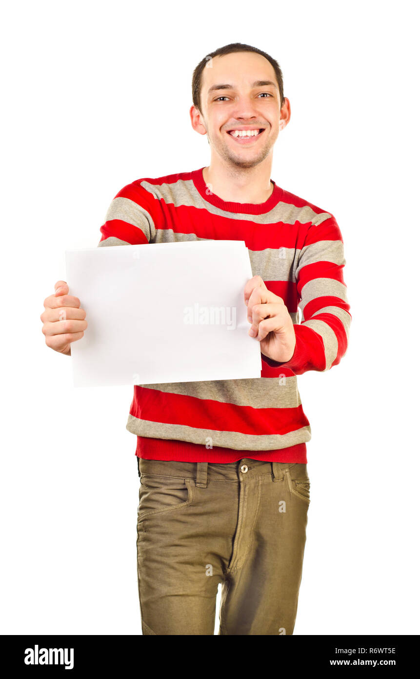 Jeune homme avec feuille de papier vide Banque D'Images