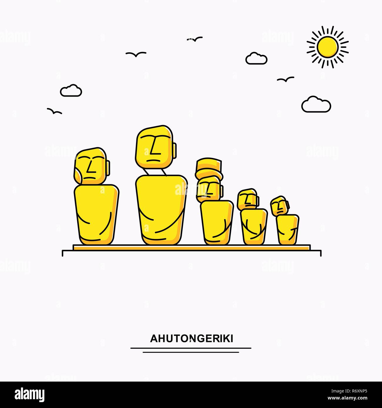 AHUTONGERIKI Monument Modèle d'affiche. Illustration jaune Voyage du Monde historique en style de ligne avec beauture parlons nature Illustration de Vecteur