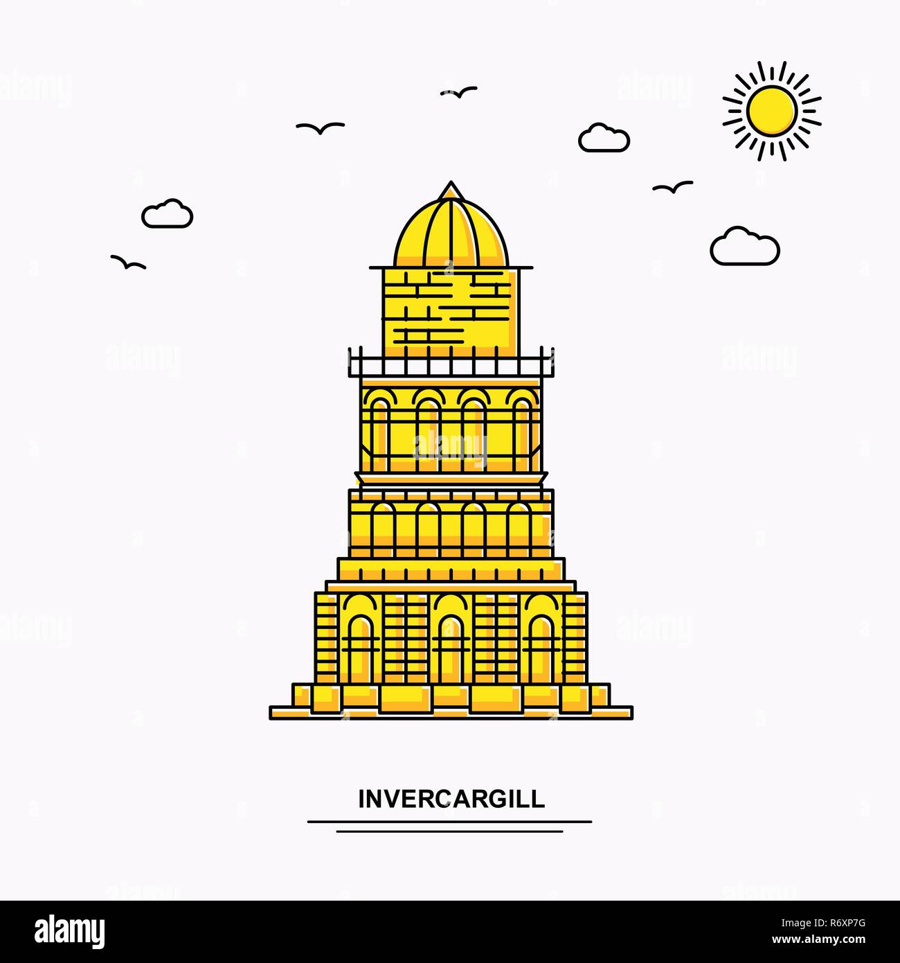 Monument INVERCARGILL Modèle d'affiche. Illustration jaune Voyage du Monde historique en style de ligne avec beauture parlons nature Illustration de Vecteur