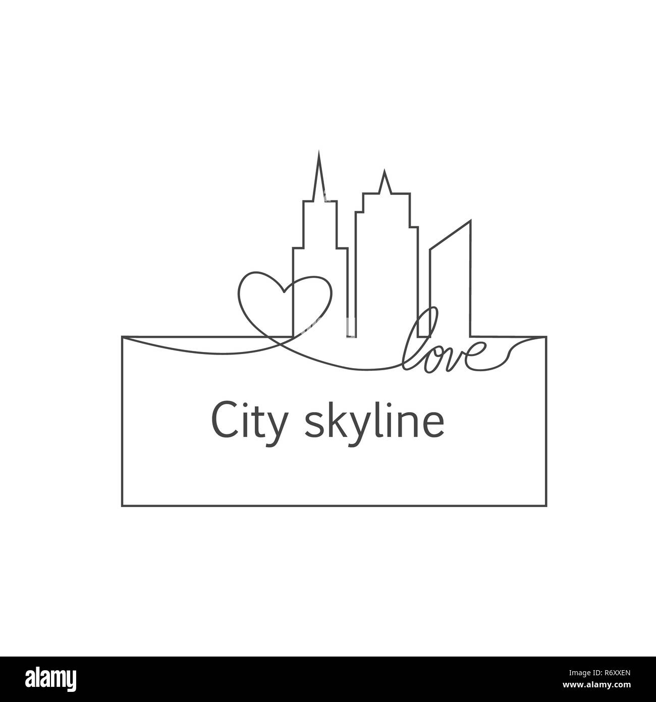 Silhouette de la ville et le cœur et l'amour dans les lignes de tracé continu dans un style. Paysage urbain moderne. Illustrations vectorielles. Gratte-ciel immeuble bureau horizon.dessin de ligne continue Banque D'Images