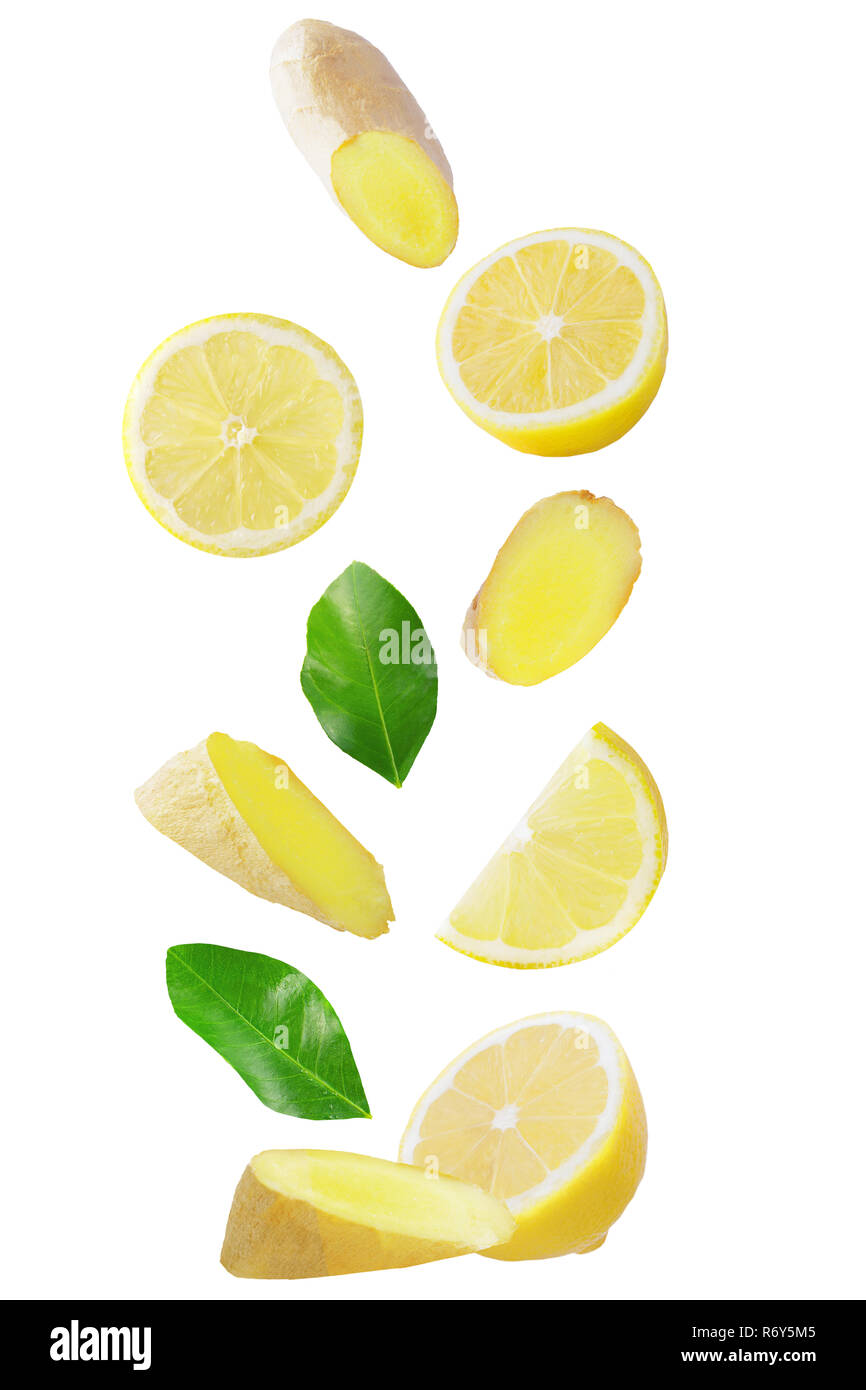 La chute du citron et gingembre isolated on white Banque D'Images
