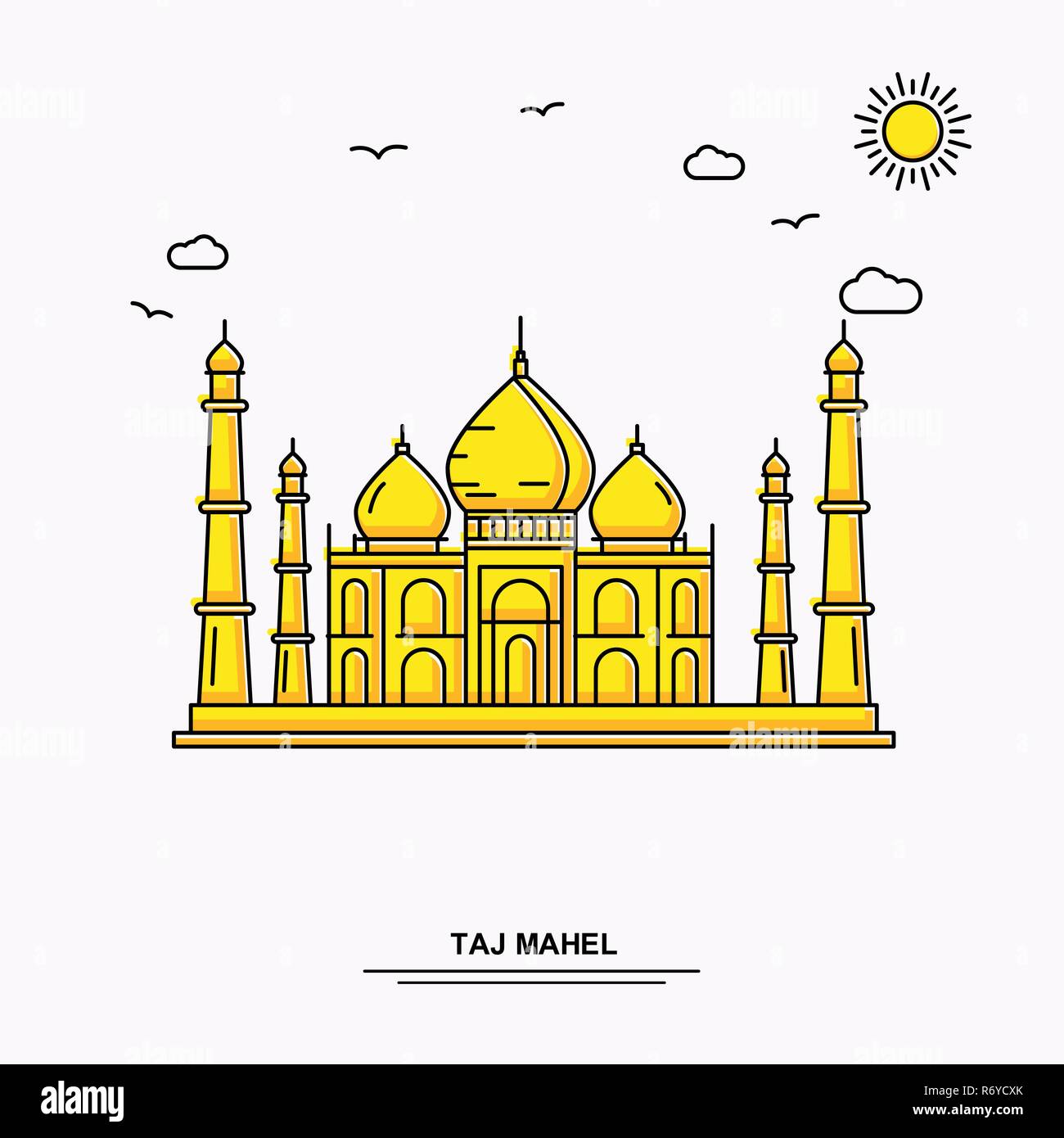 Monument TAJ MAHEL Modèle d'affiche. Illustration jaune Voyage du Monde historique en style de ligne avec beauture parlons nature Illustration de Vecteur