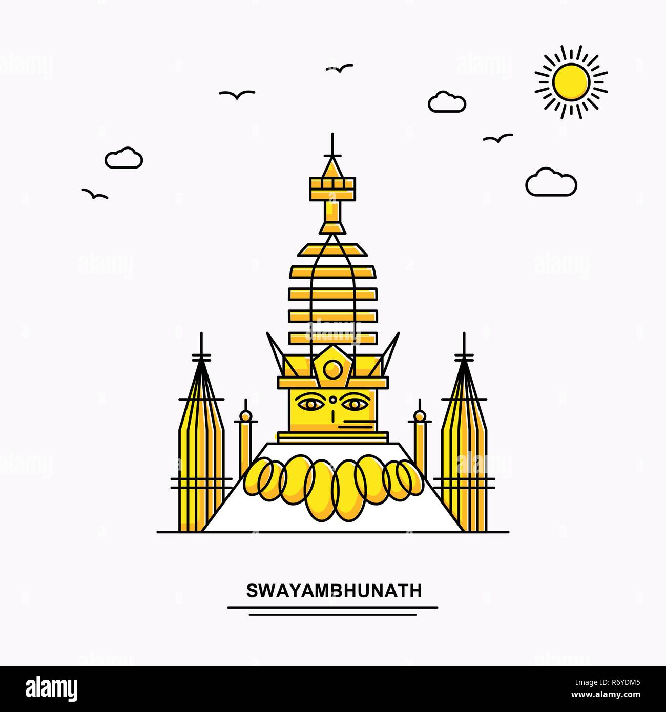 Monument de SWAYAMBHUNATH Modèle d'affiche. Illustration jaune Voyage du Monde historique en style de ligne avec beauture parlons nature Illustration de Vecteur