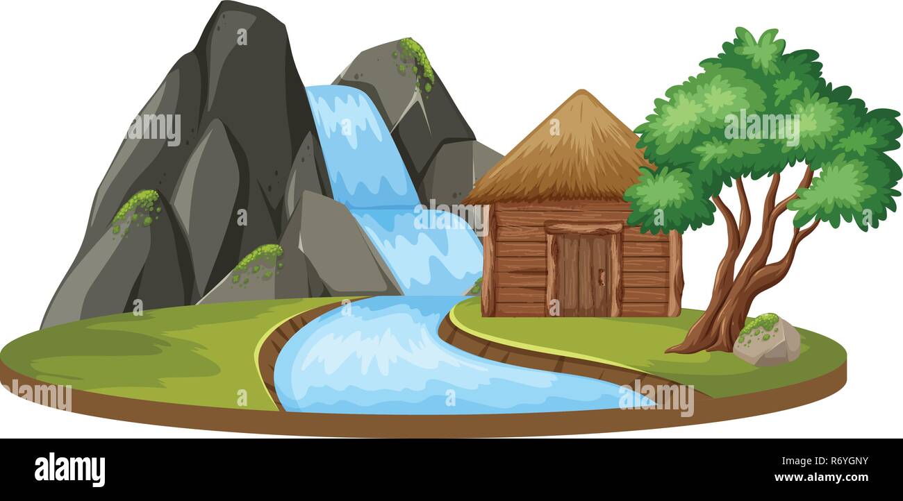 Île avec hut et chute d'illustration Illustration de Vecteur