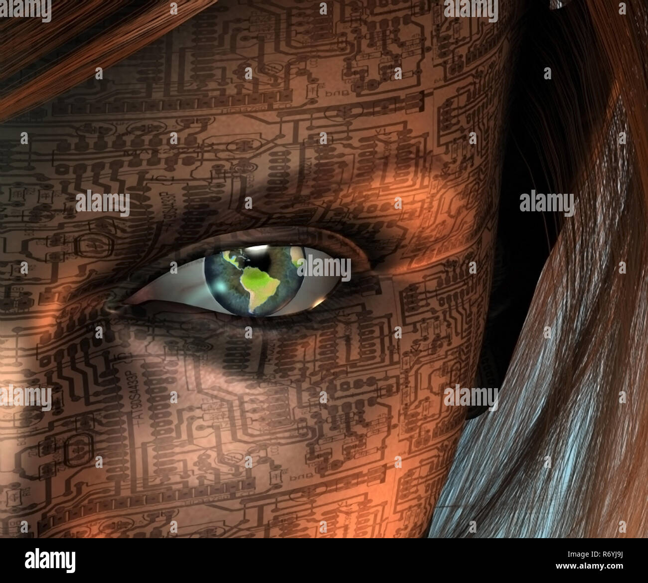 Earth Tech oeil. Droid woman face. Le rendu 3D Banque D'Images