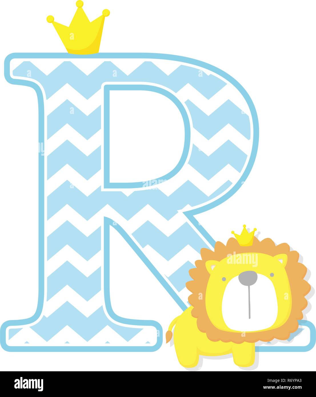 R initial avec mignon lion king avec couronne d'or isolé sur fond blanc. peut être utilisé pour la fête des pères, carte de naissance, bébé garçon Illustration de Vecteur