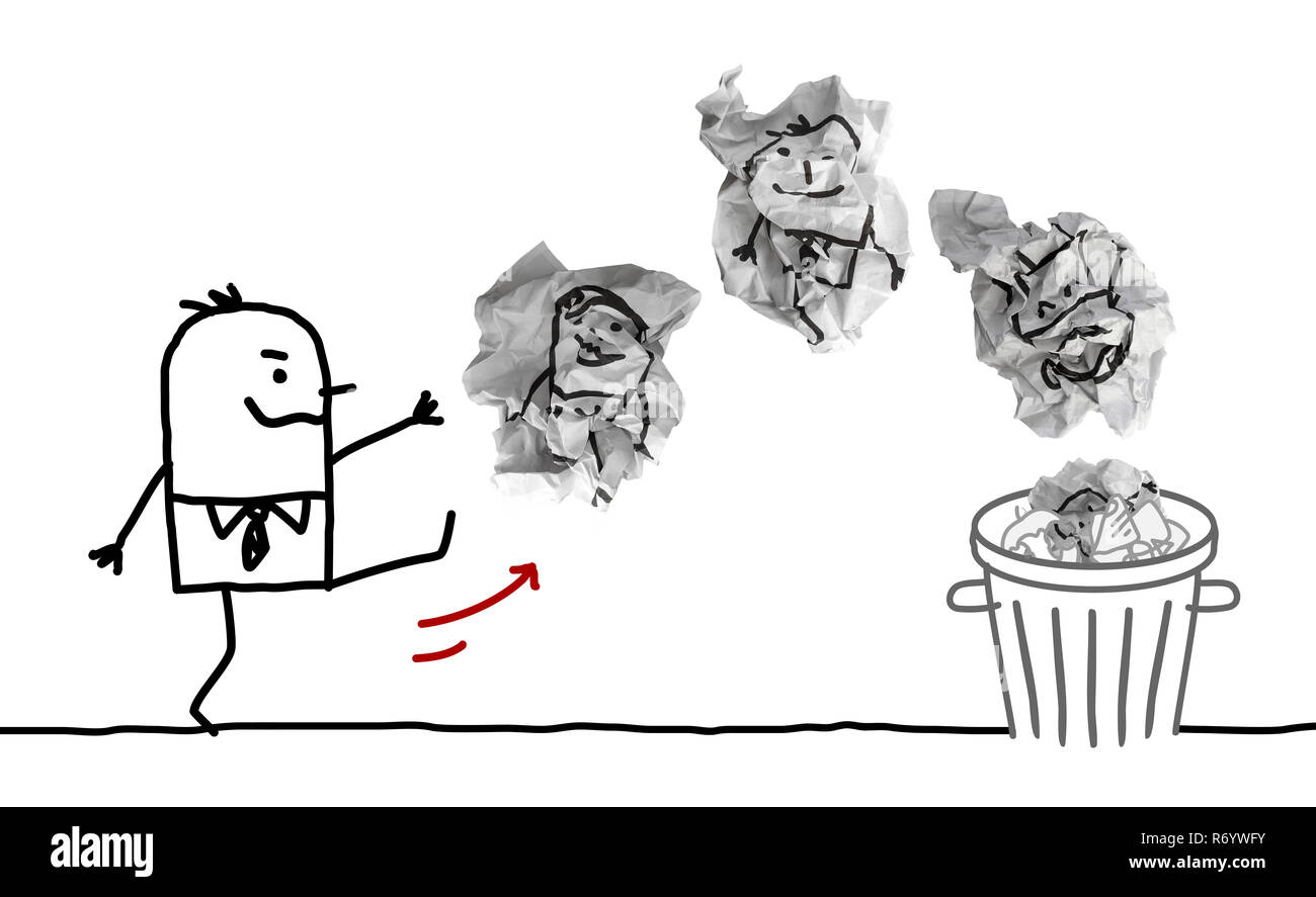 Cartoon Man Throwing Paper Quenelles avec les gens de Corbeille Banque D'Images