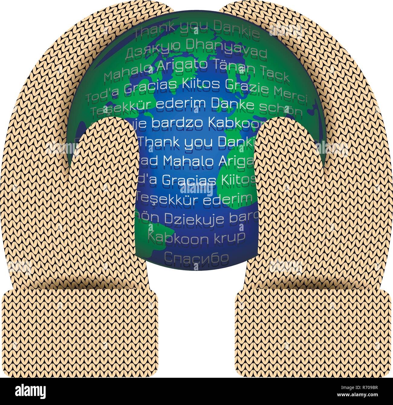 Journée internationale Je vous remercie. Dans les mains des mitaines tricotées tenir une planète Terre. Le mot merci dans différentes langues Illustration de Vecteur