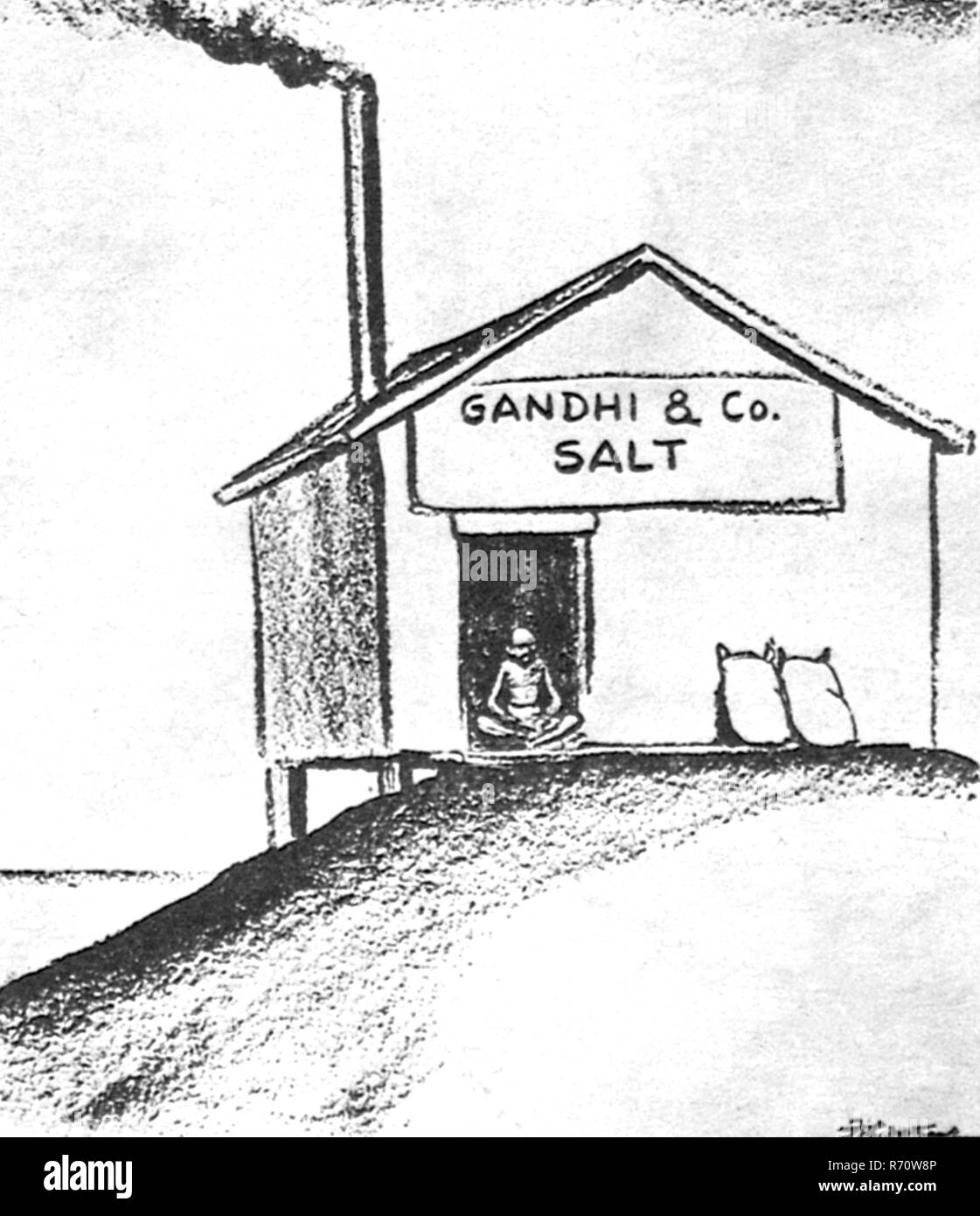 Caricature montrant le Mahatma Gandhi La boutique du sel, la boutique qui a été entendu dans le monde entier, Saint Louis, USA, 1930 Expédition Banque D'Images