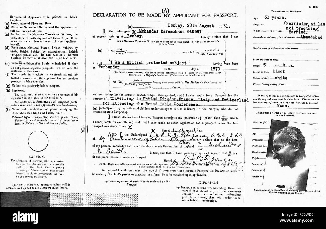 Formulaire de demande de passeport Mahatma Gandhi pour son voyage en Europe pour assister à la Table ronde, Londres, Angleterre, Royaume-Uni, 28 août 1931, ancienne image vintage du 1900 Banque D'Images