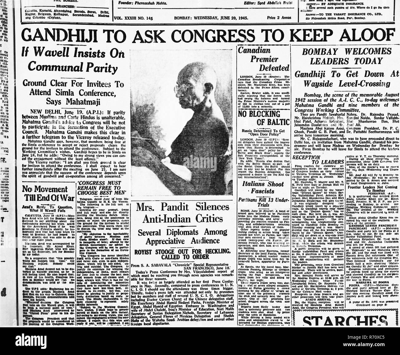 Mahatma Gandhi news sur la première page d'un journal Bombay Mumbai, Inde, le 20 juin 1945, ancienne image millésime 1900 Banque D'Images