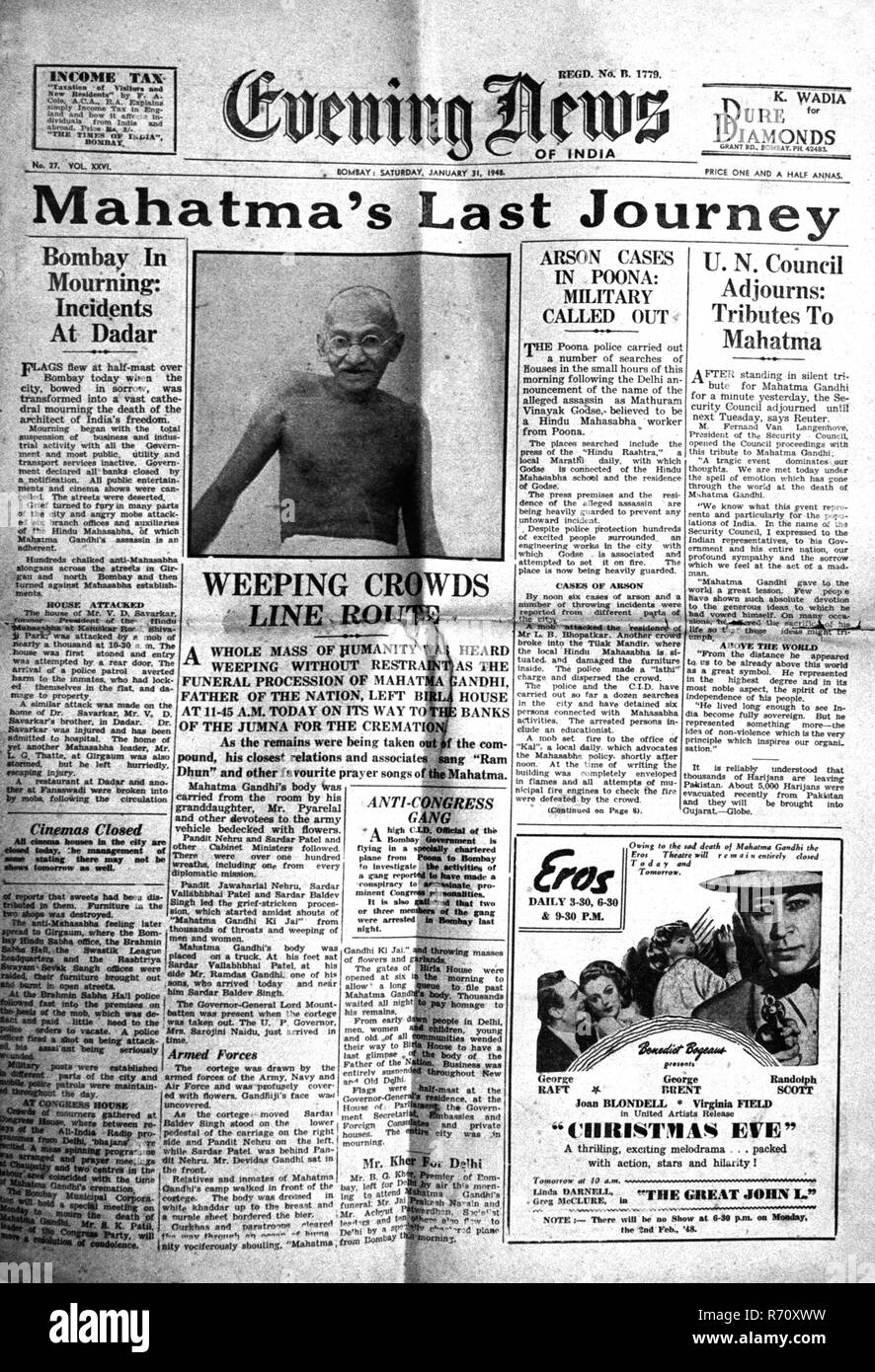 Mahatma Gandhi assassiné dernier voyage, nouvelles du soir de l'Inde, première page, Bombay, Inde, janvier 31, 1948 Banque D'Images