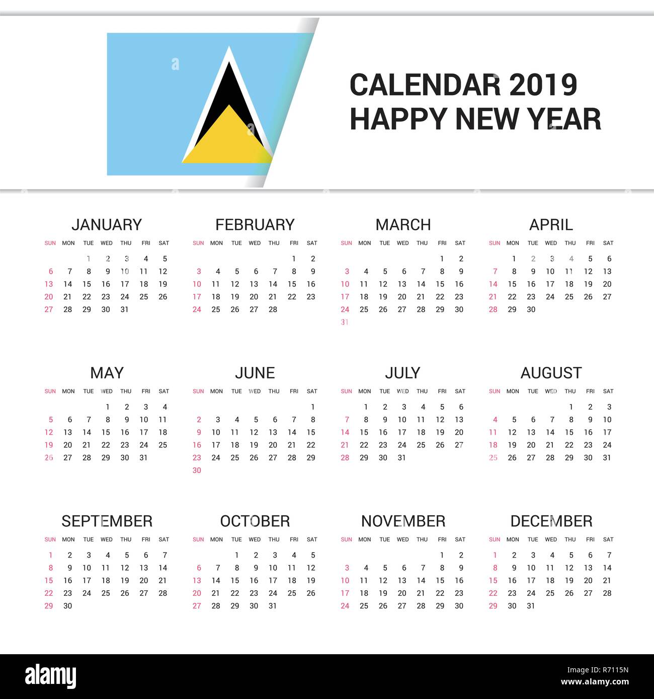 Calendrier 2019 Saint Lucia fond du drapeau. Langue Anglais Illustration de Vecteur