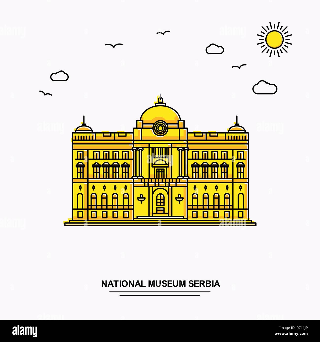 Musée National Monument SERBIE Modèle d'affiche. Illustration jaune Voyage du Monde historique en style de ligne avec beauture parlons nature Illustration de Vecteur