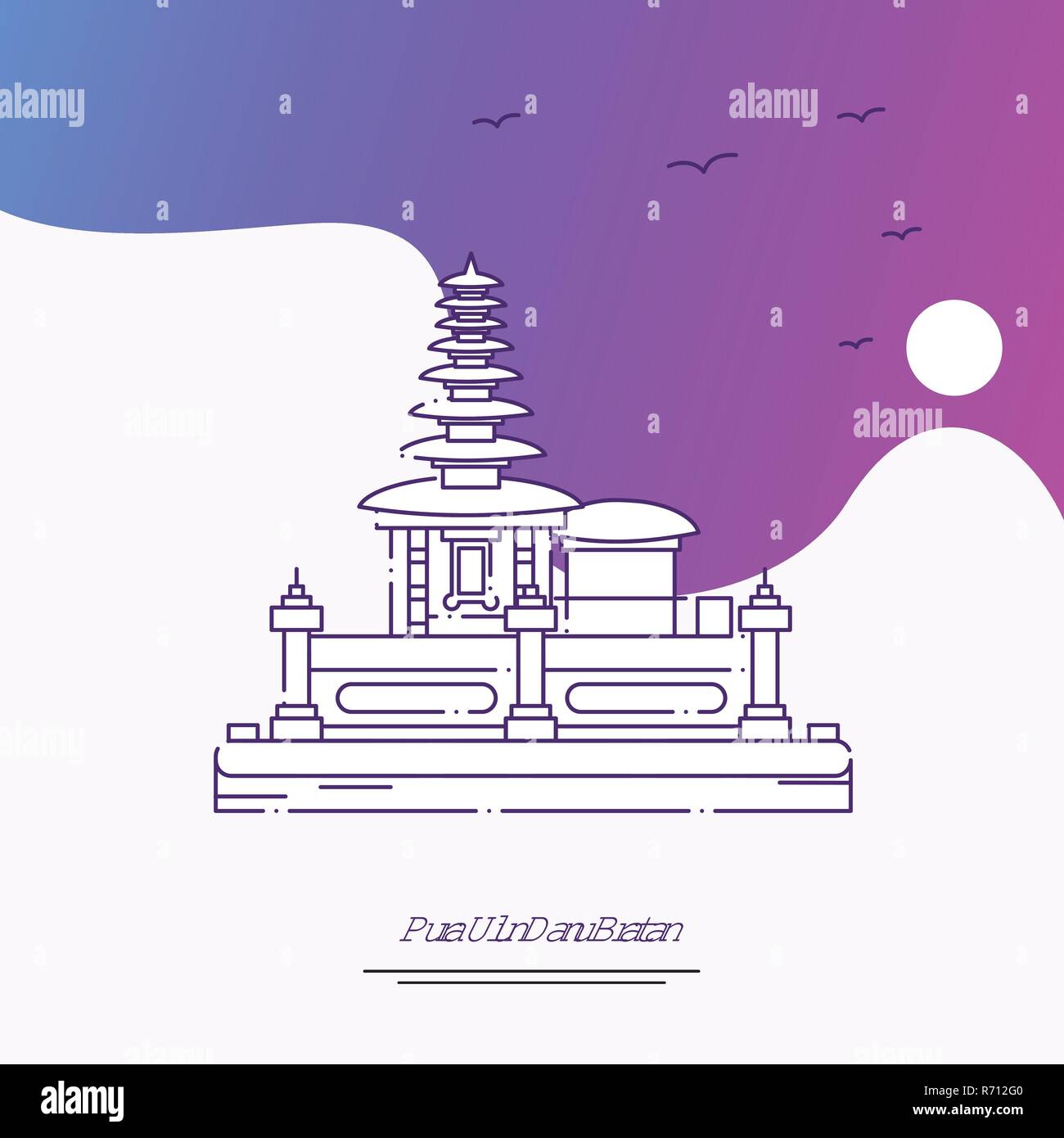 Billet d'PURA Ulun Danu BRATAN Modèle d'affiche. Arrière-plan créatif violet Illustration de Vecteur