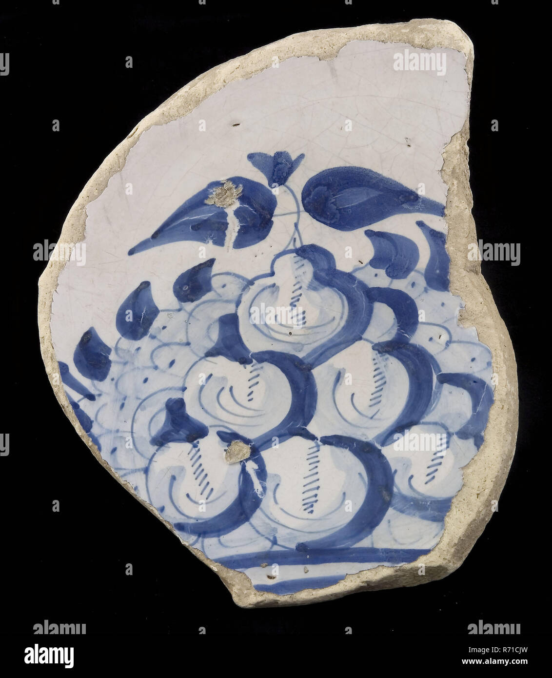 Assiette majolique de fragment, bleu sur blanc, où sont les fruits, surtout les pommes et les poires, la plaque lave vaisselle Faïence Céramique trouver sol porteur glaze, cuit dessous recouvert de glaçure plombifère claire. Archéologie monochrome ornent le service des aliments Banque D'Images