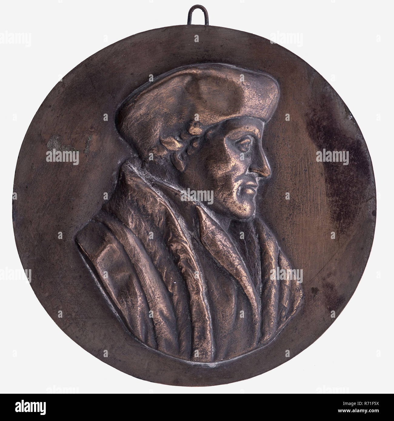 Plaque d'un côté à la médaille de bronze avec penning, Erasmus, frappées, buste orienté vers la droite avec Erasmus Rotterdam Erasmus aucun béret Banque D'Images