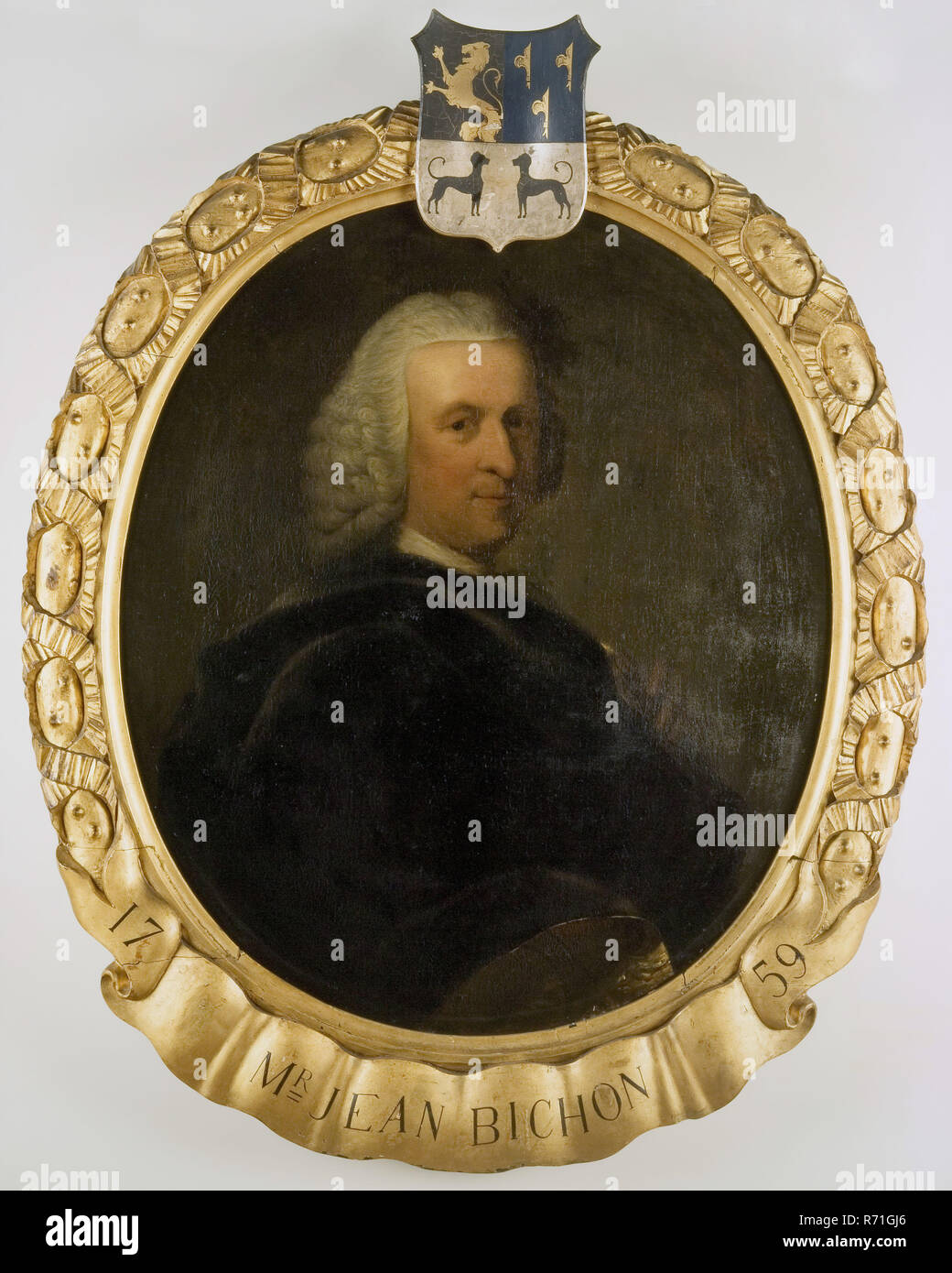 Dionys van Nijmegen, Portrait de Jean Bichon (1716-1801), administrateur de la VOC entre 1759 et 1795, la peinture portrait visuel , toile peinture à l'huile, Nimègue 1764 (peinture noire) l'héraldique Dutch East India Company Rotterdam COV gouverneur Banque D'Images