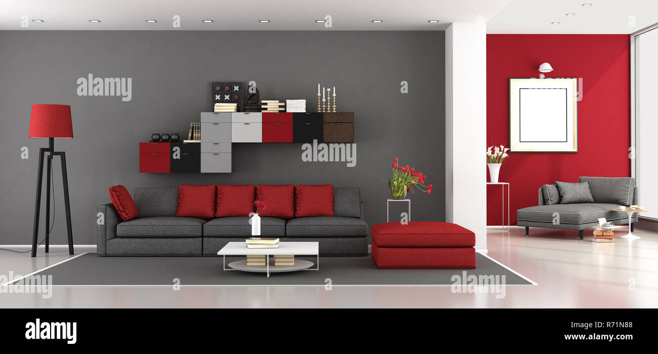 Gris et rouge modern living room Banque D'Images