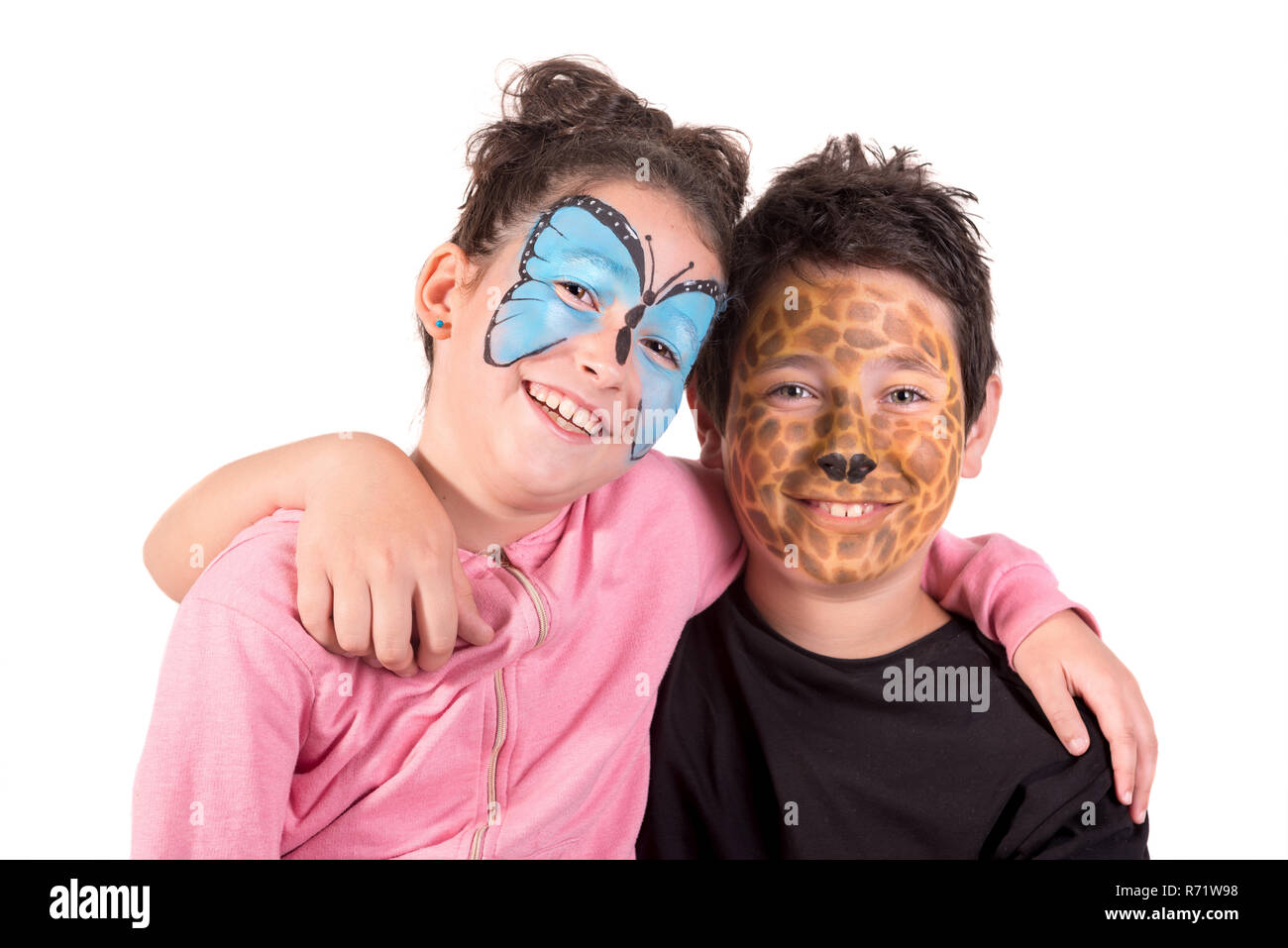 Couple avec enfants visage animal-paint en blanc isolé Banque D'Images