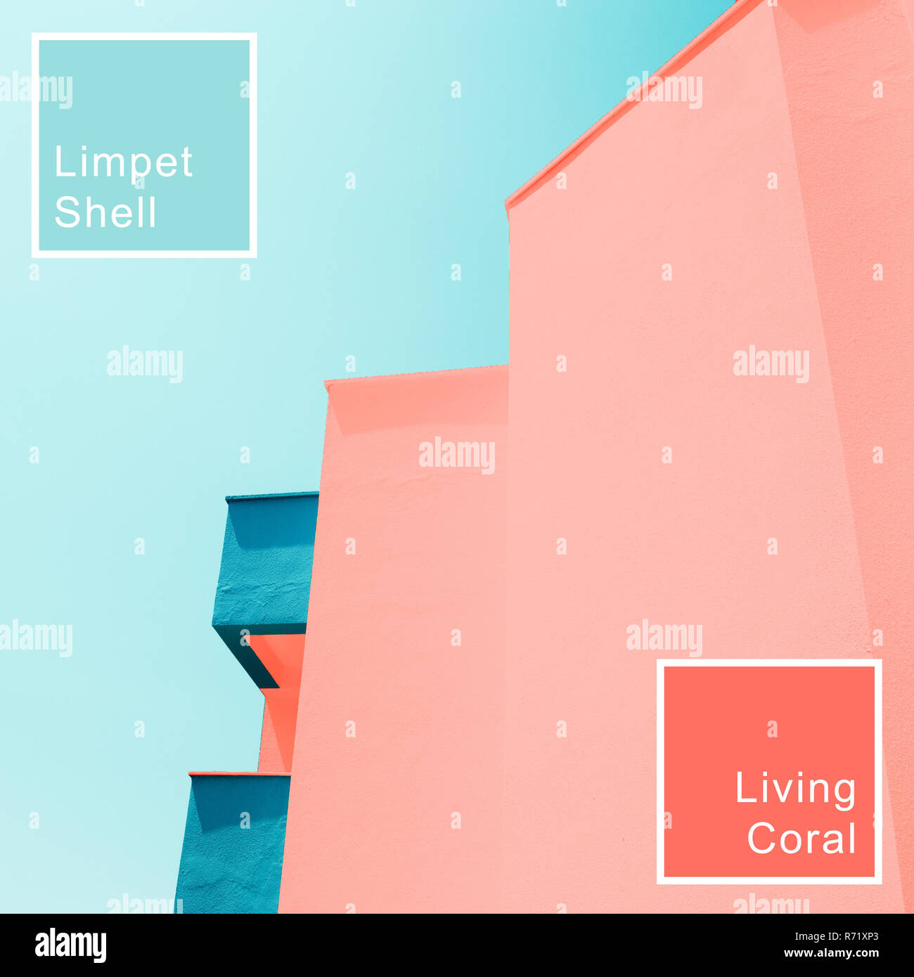 Résumé fond bâtiment moderne avec des tons de couleurs tendance de l'année 2019. Corail vivant et Limpet Shell. Banque D'Images