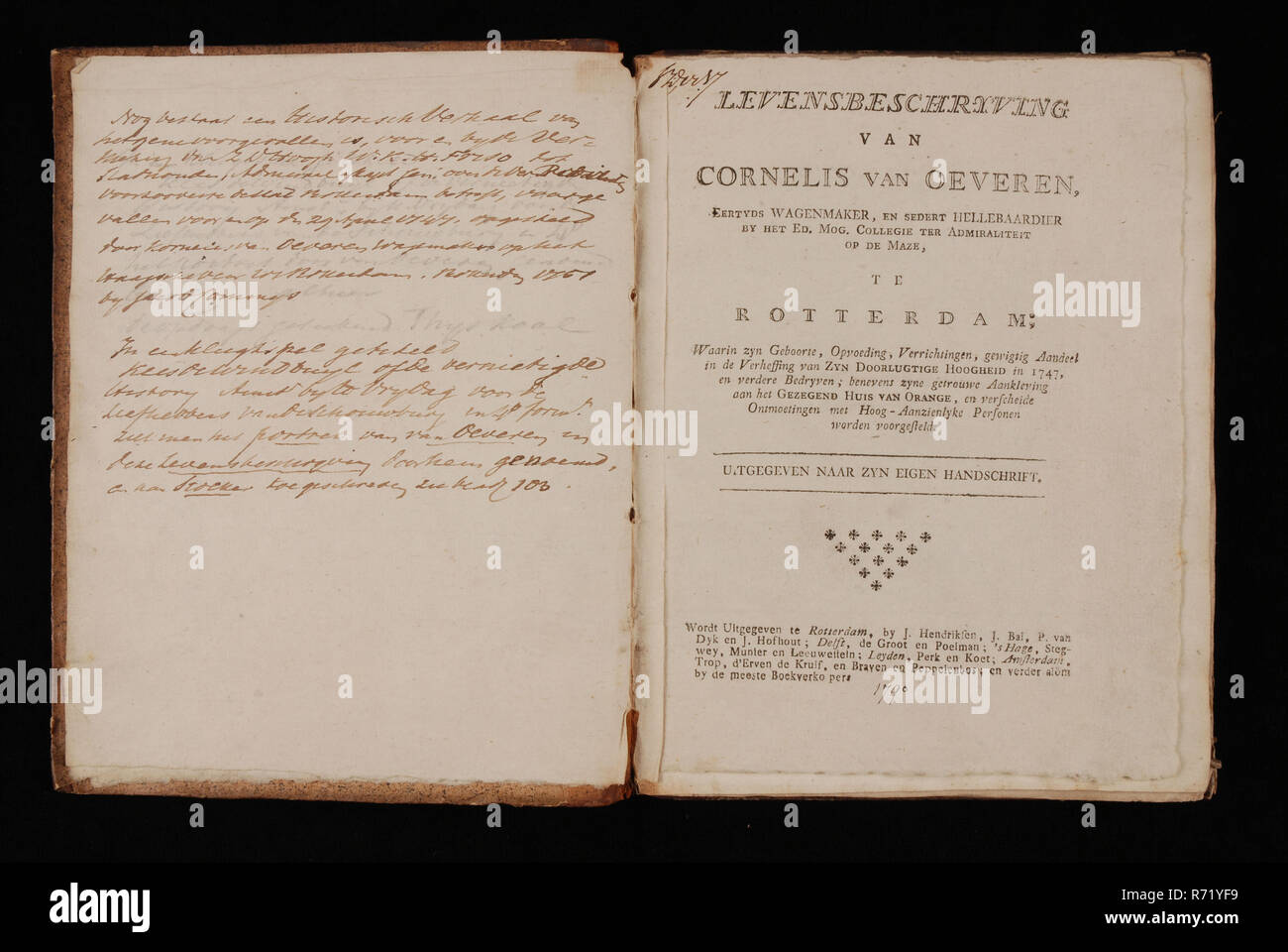 Hendriksen, J., OEVEREN, Cornelis van. Description de la vie de Cornelis van Oeveren, oud_druk formulaire informations livre d'affaires Carton Cuir Cuir papier imprimé, vie de Cornelis van Oeveren honortyd halberdard voiture bouilloire et depuis par l'éd. Mog Collegie Admiraliteit ter sur le labyrinthe à Rotterdam ; dans lequel sa naissance upwinging activités rendent significative à l'Exaltation de Son Altesse le Interuptuous bedries encore et en 1747 ; en plus de son fidèle adhésion à la Sainte Maison d'Orange et diverses réunions avec des personnes voyantes sont proposées. Publié à sa propre main Rotte Banque D'Images