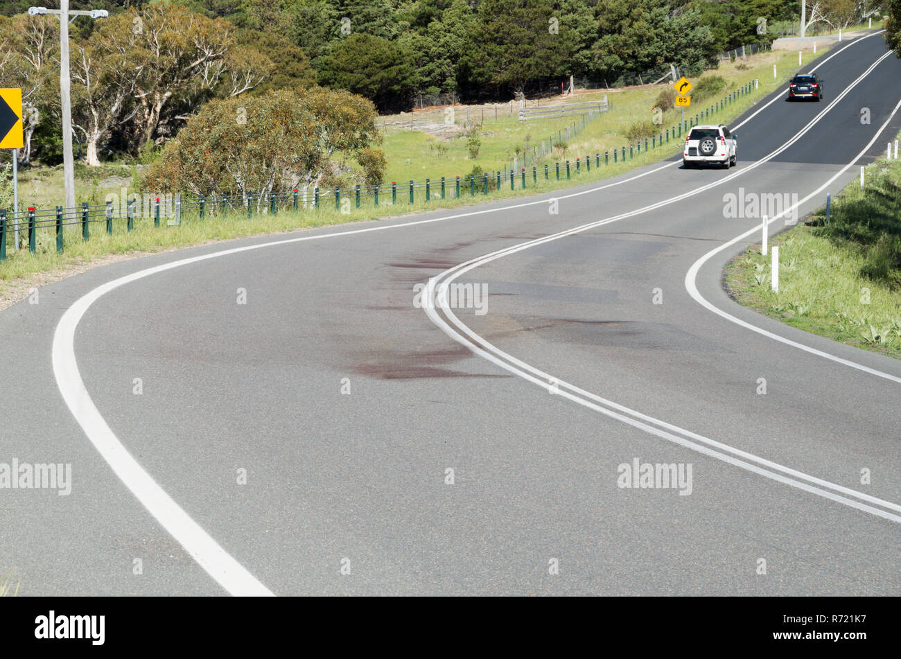 Grande tache de sang sur un coin de route rurale après la faune a été frappé et tué pendant la nuit en Australie Banque D'Images