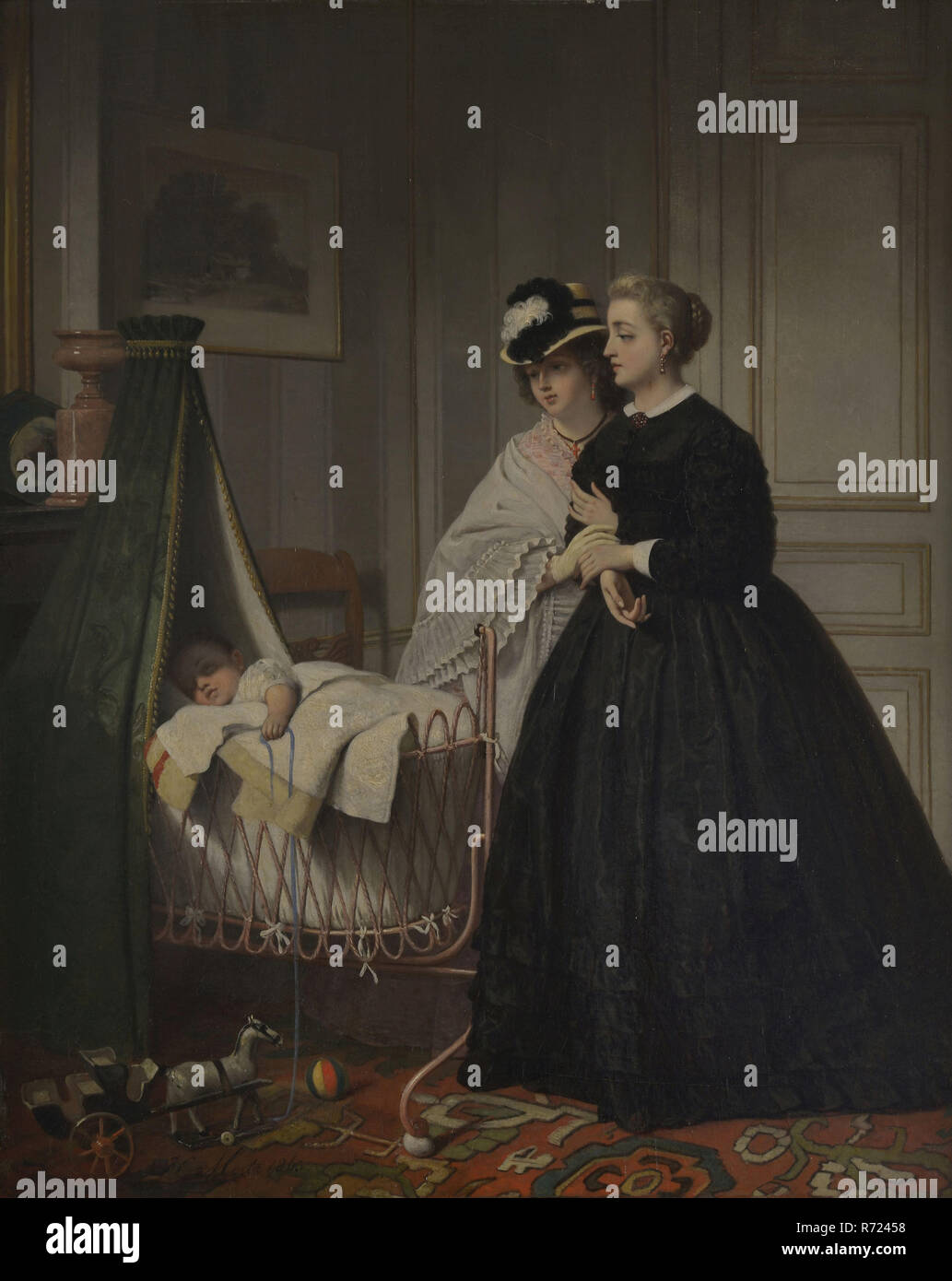Johannes Cornelius Mertz, Portrait de deux femmes inconnues avec berceau, groupe portrait portrait sculpture peinture huile bois rectangulaire, portrait de deux femmes inconnues avec support en Intérieur : bois peint tapis de sol auvent et rideaux placard président détail : vêtements de deuil vêtements de randonnée lampe et chevaux de la signature et de l'année, JC Mertz 1863 visite de maternité naissance deuil intérieur Banque D'Images