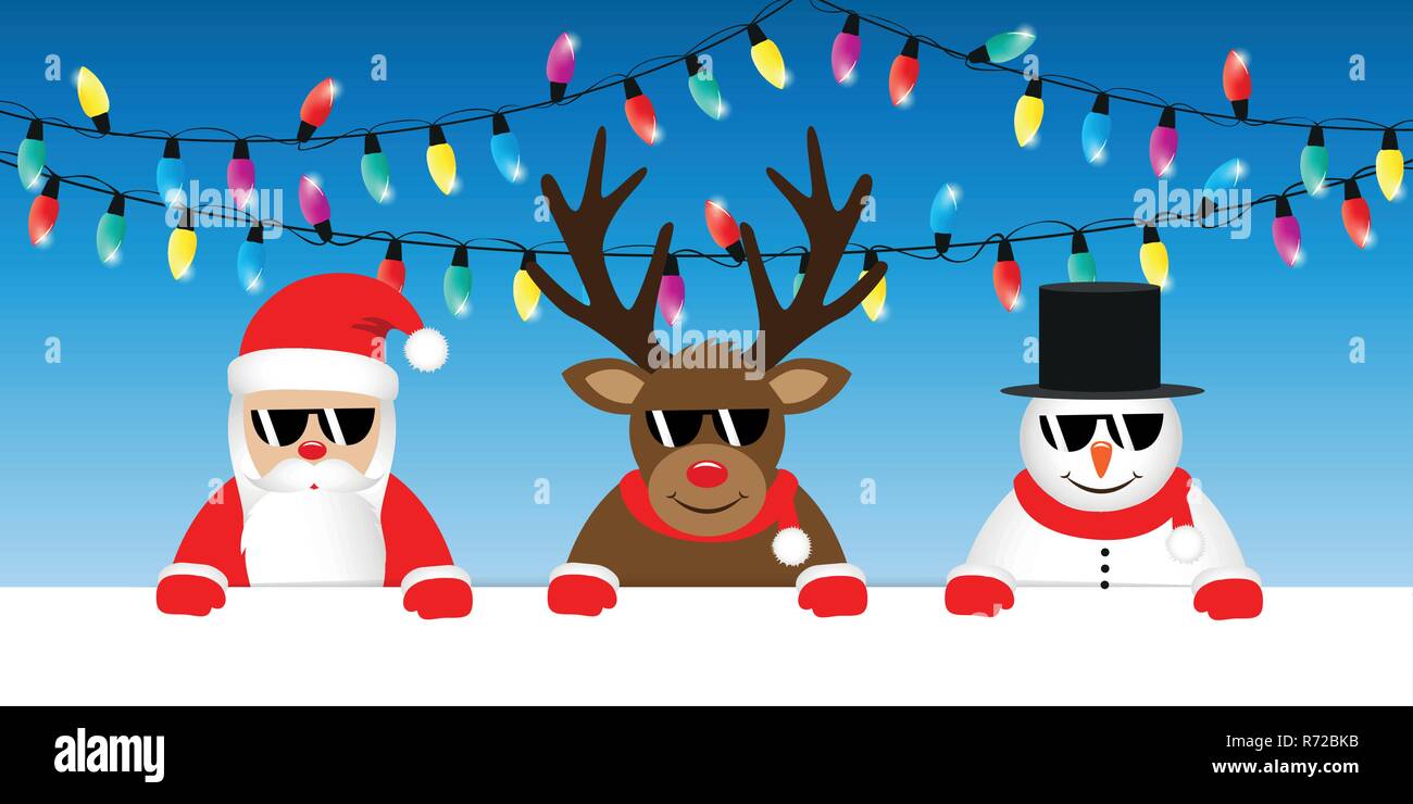 Cute santa reindeer et bonhomme de dessin animé avec des lunettes de soleil et des guirlandes lumineuses de Noël illustration vecteur EPS10 Illustration de Vecteur