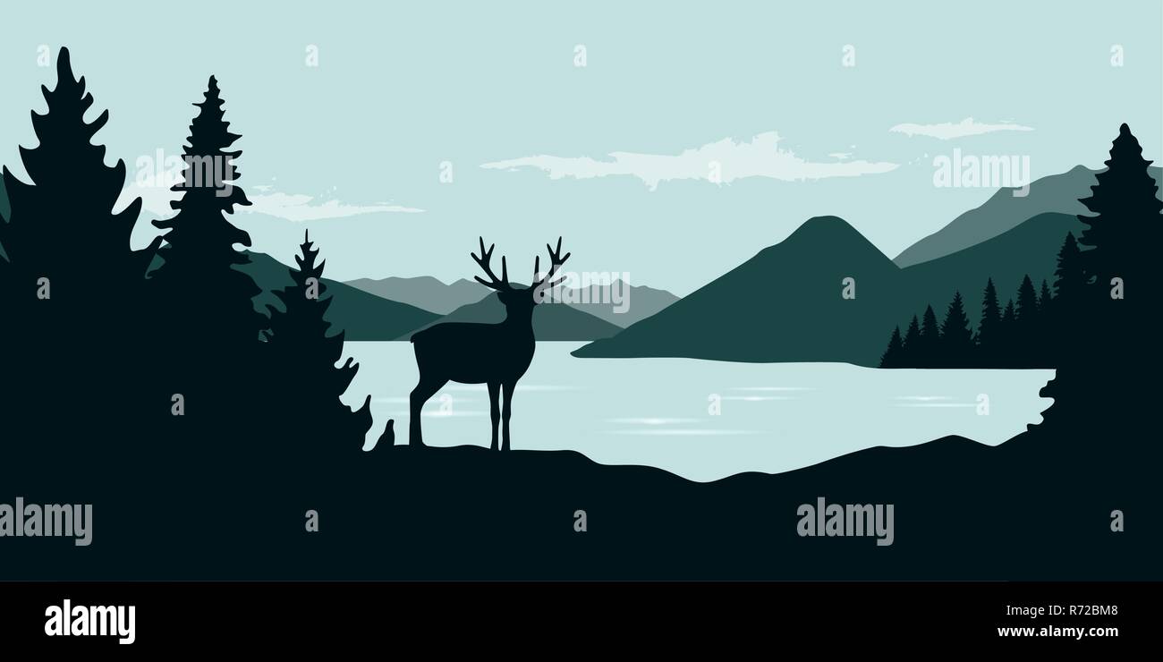 Par la rivière Elk forest vert paysage nature faune illustration vecteur EPS10 Illustration de Vecteur