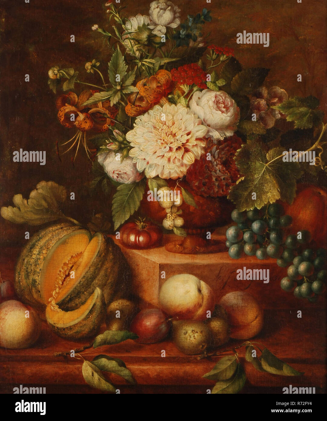 Lodewijk Johannes Nooijen, nature morte de fleurs et de fruits, still life painting visuel de la peinture à l'huile, peinture bois rectangle permanent huile sur panneau en bois doré en partie inférieure droite du bâti en pierre sur signature et date : L.I Nooijen 1851 Rotterdam Nooyen Banque D'Images