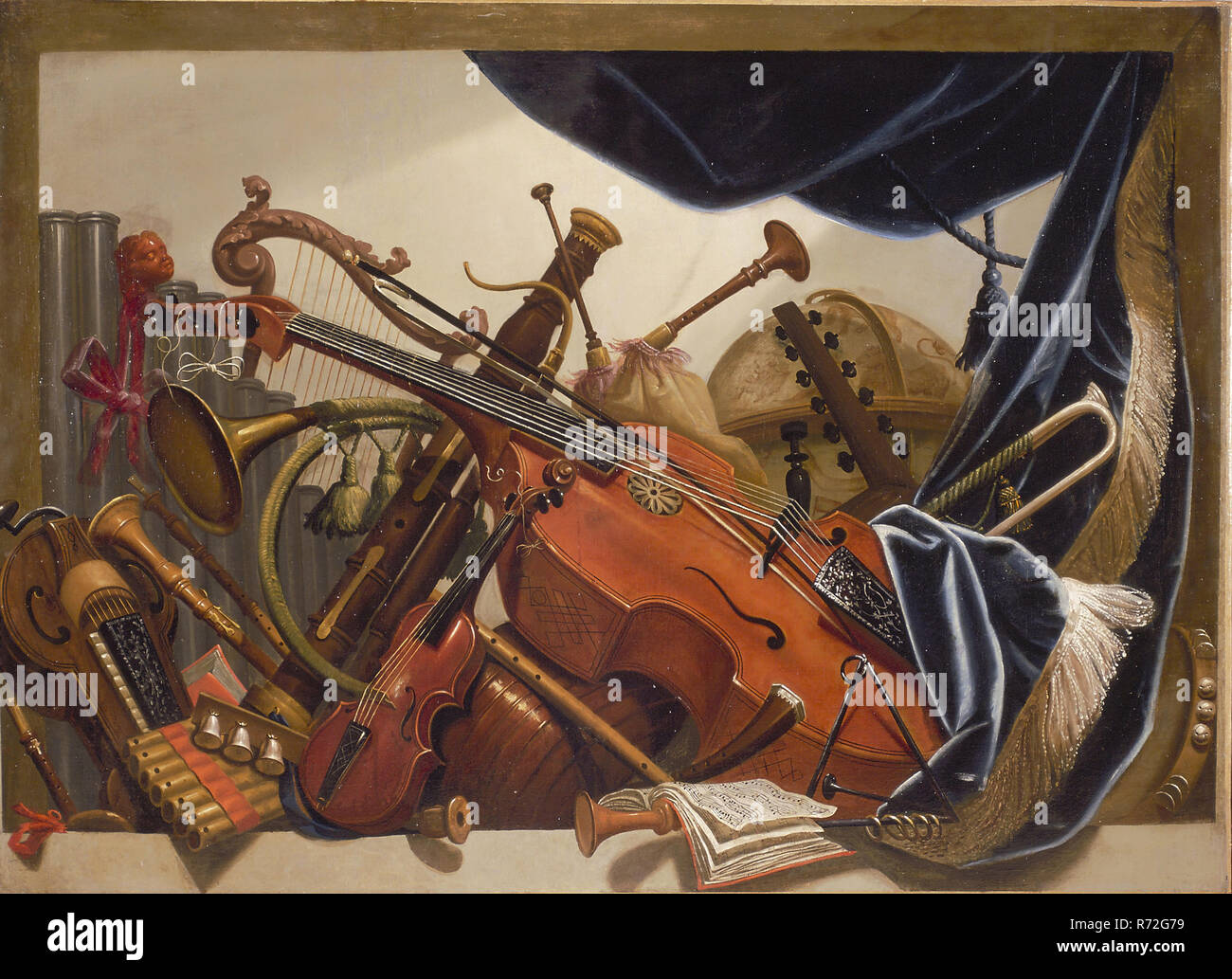 Elias van Nijmegen (Nimègue 1667 Rotterdam - 1755), Trophée d'instruments de musique et globe, peinture papier peint toile peinture à l'huile de lin, bois diagonale centrale viole de gambe avec bow laissé tuyaux d'orgue de gauche à droite : vielle à roue au-dessus de deux hautbois (un bas et un haut) Flûte de pan (cloches bell hochet ) violon un morceau de flûte sous la musique livre la tasse de schalmmei au-dessus de cette partie de cornet (zinc) derrière le gambe théorbe (luth) sous forme de tambourin droit derrière la corne gauche et droite gamba en diagonale derrière le gambe trompette basson avec cornemuse et tuyau de soufflerie jouer au tuyau botto Banque D'Images Elias van Nijmegen (Nimègue 1667 Rotterdam - 1755), Trophée d'instruments de musique et globe, peinture papier peint toile peinture à l'huile de lin, bois diagonale centrale viole de gambe avec bow laissé tuyaux d'orgue de gauche à droite : vielle à roue au-dessus de deux hautbois (un bas et un haut) Flûte de pan (cloches bell hochet ) violon un morceau de flûte sous la musique livre la tasse de schalmmei au-dessus de cette partie de cornet (zinc) derrière le gambe théorbe (luth) sous forme de tambourin droit derrière la corne gauche et droite gamba en diagonale derrière le gambe trompette basson avec cornemuse et tuyau de soufflerie jouer au tuyau botto Banque D'Images
