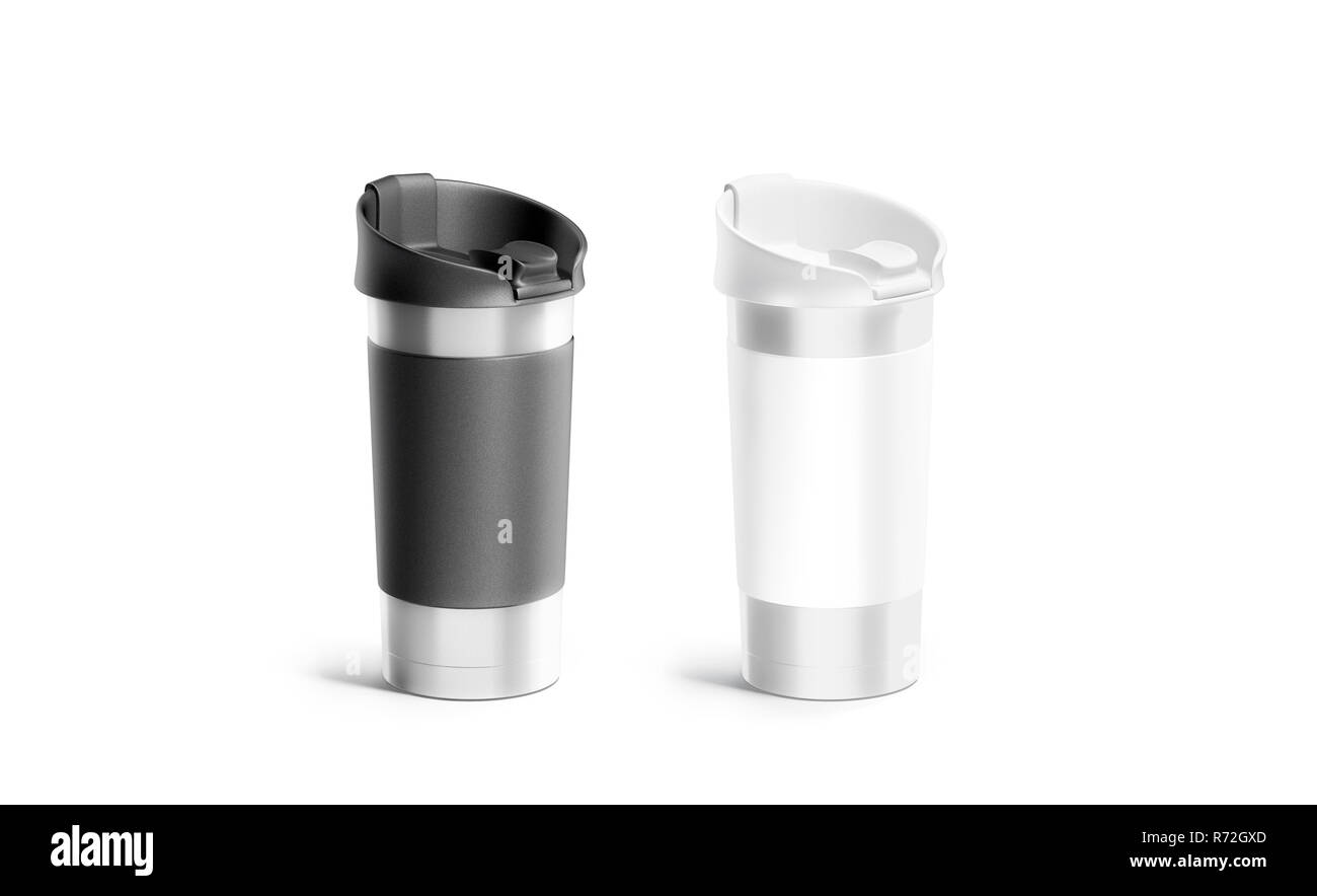 Tasse de voyage argent blanc noir et blanc, ensemble de maquettes de manchon isolé, rendu 3D. Bouteille vide avec couvercle thermique maquette, vue de côté. Voyage emballage pour un café chaud ou un thé modèle. Banque D'Images