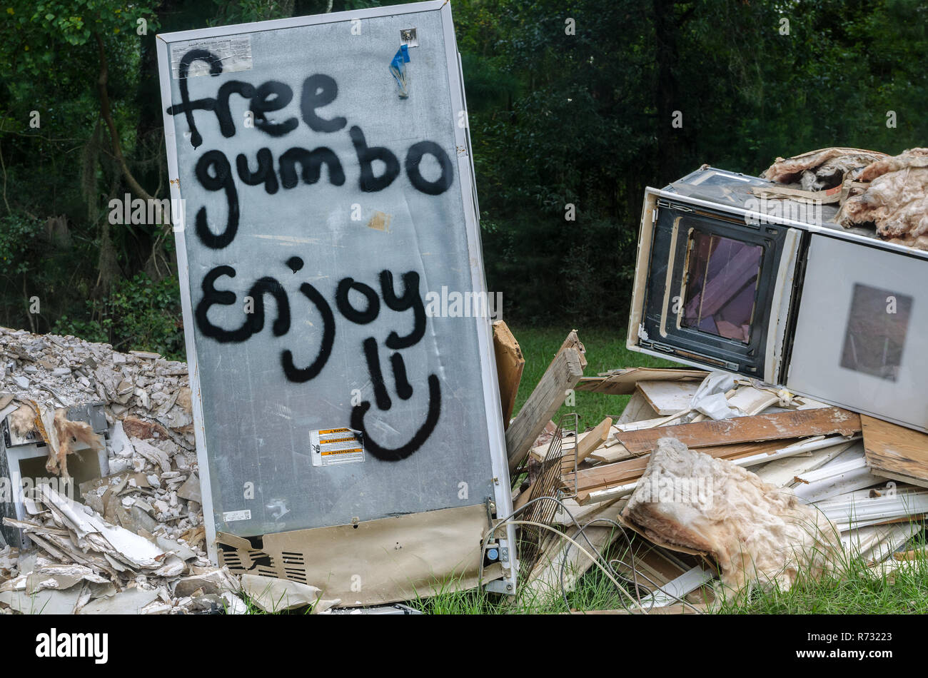 Une pile de débris d'inondation vous offre un moment de l'humour comme un signe sur une jetée congélateur annonce "free gumbo" après une inondation dans la région de Denham Springs, en Louisiane. Banque D'Images
