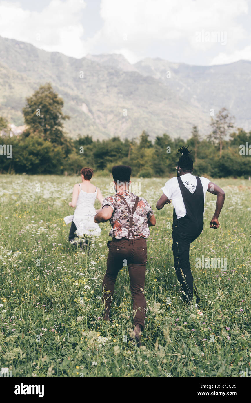 Les jeunes adultes amis traversant wildflower meadow, vue arrière, Primaluna, Trentino-Alto Adige, Italie Banque D'Images