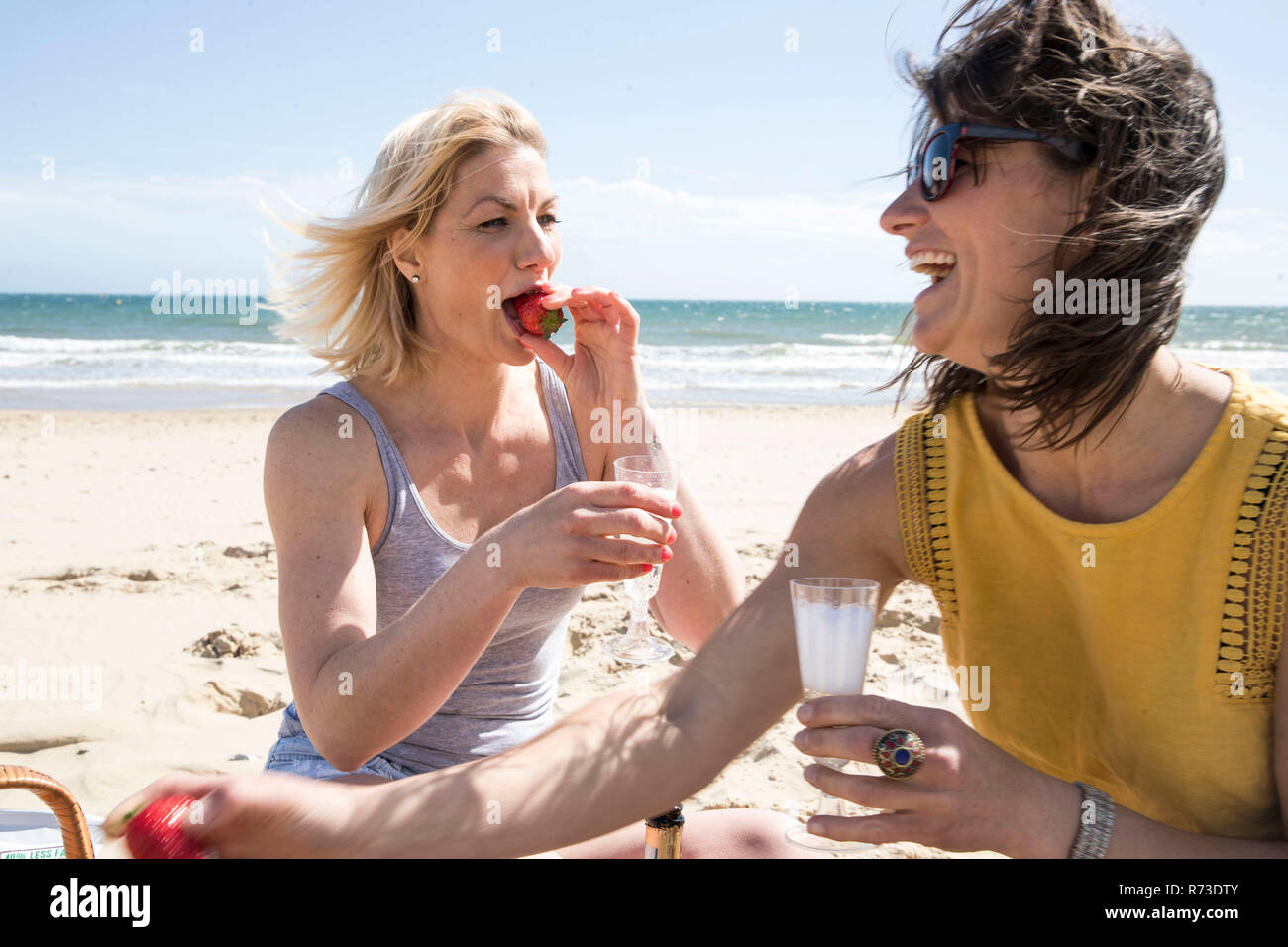 Soeurs bénéficiant d'pique-nique sur plage Banque D'Images