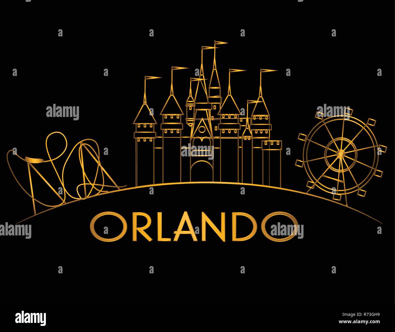 Attractions d'Orlando en ligne courbe d'or sur fond noir. Carte vacances Illustration de Vecteur