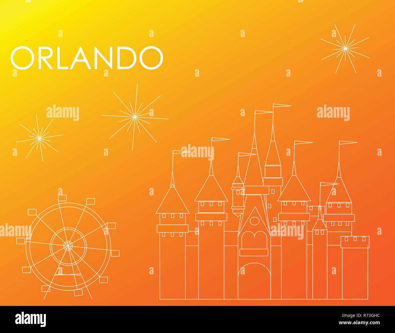 Orlando attractions ligne blanche sur fond orange ; l'Art en ligne Illustration de Vecteur