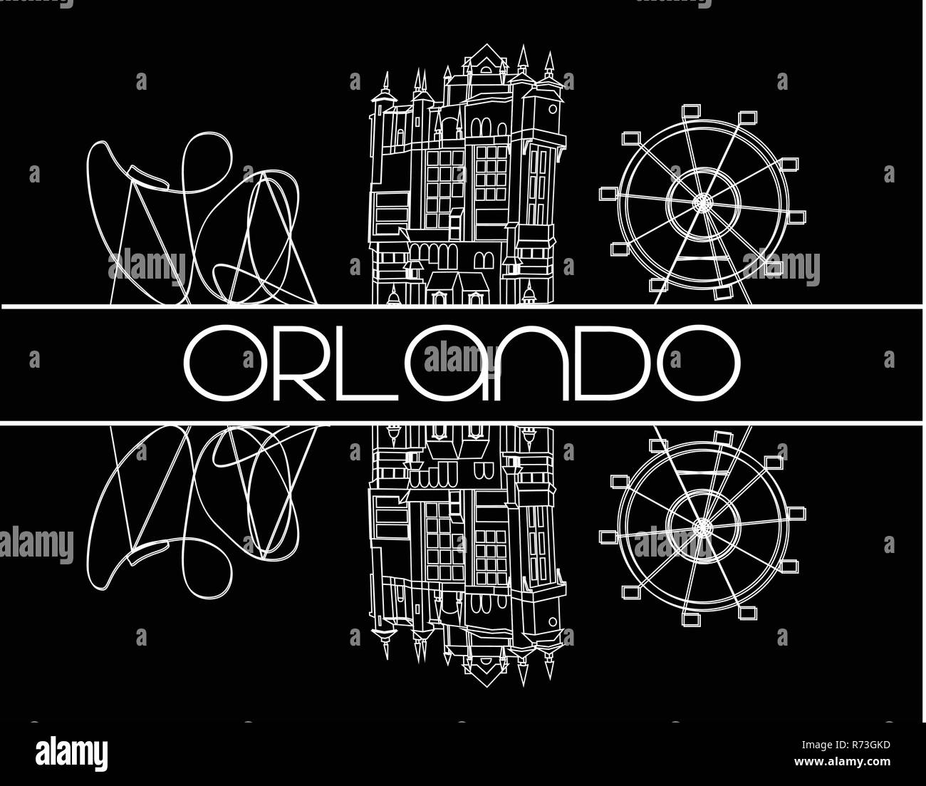 Orlando, Floride, le 03 août 2018. Icônes d'Attractions ligne blanche sur fond noir Illustration de Vecteur