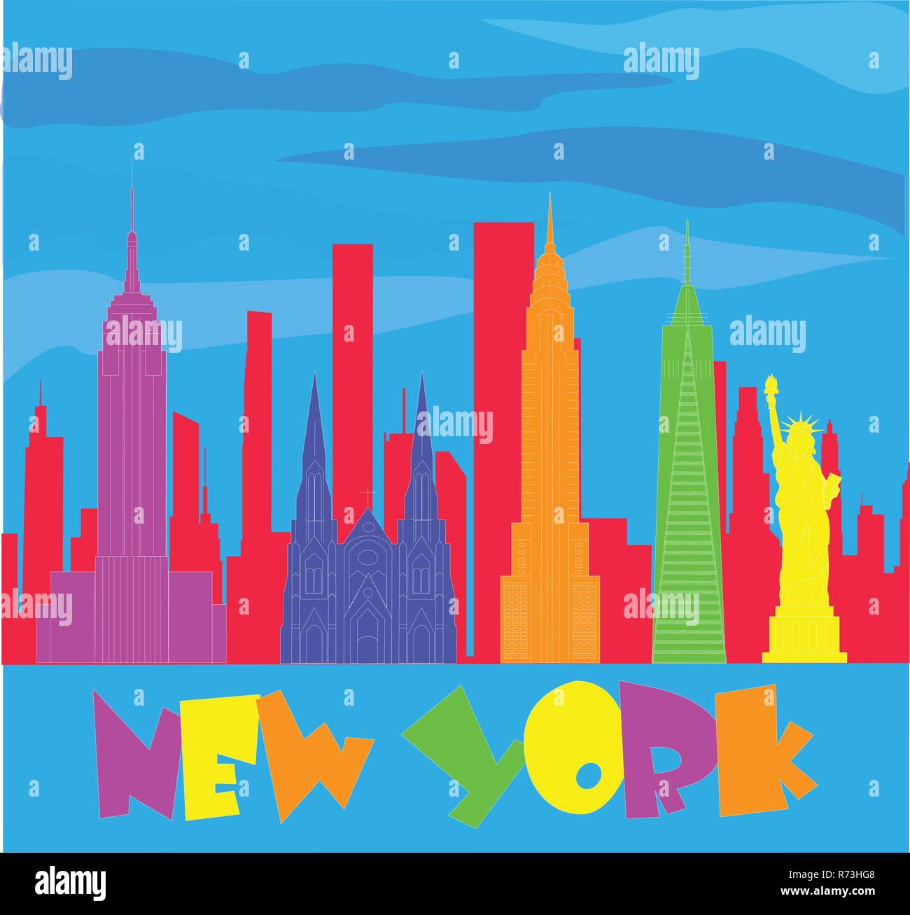 New York lettrage coloré et voyage d'icônes sur fond de ciel bleu. Carte postale de voyage. Illustration de Vecteur